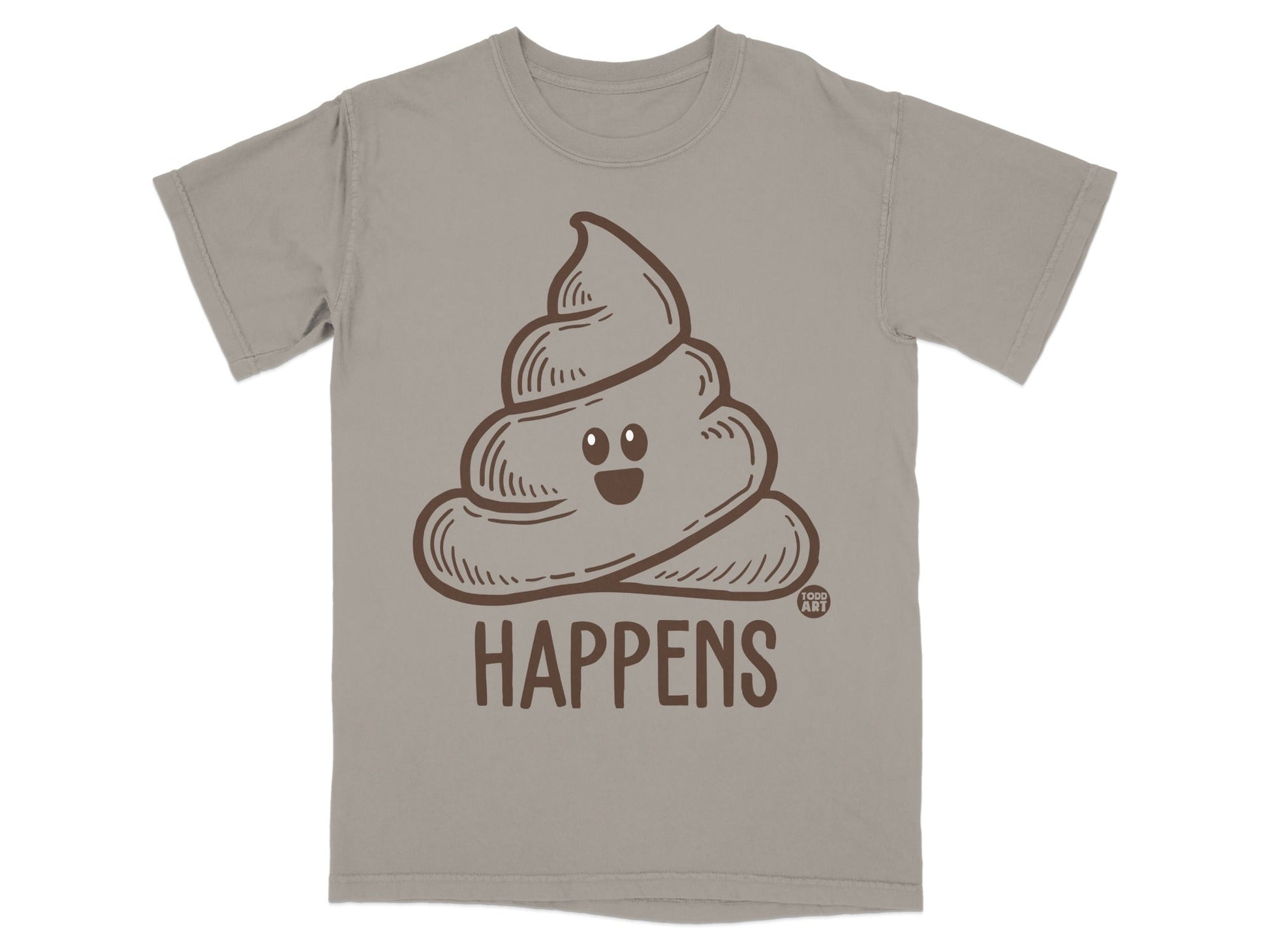 Brown t-shirt with a cartoon poop emoji and text that says "HAPPENS."
