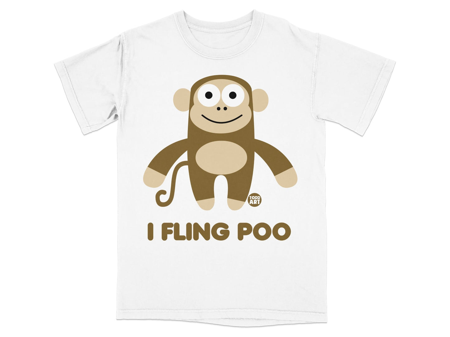 White t-shirt with cartoon monkey and text "I FLING POO".