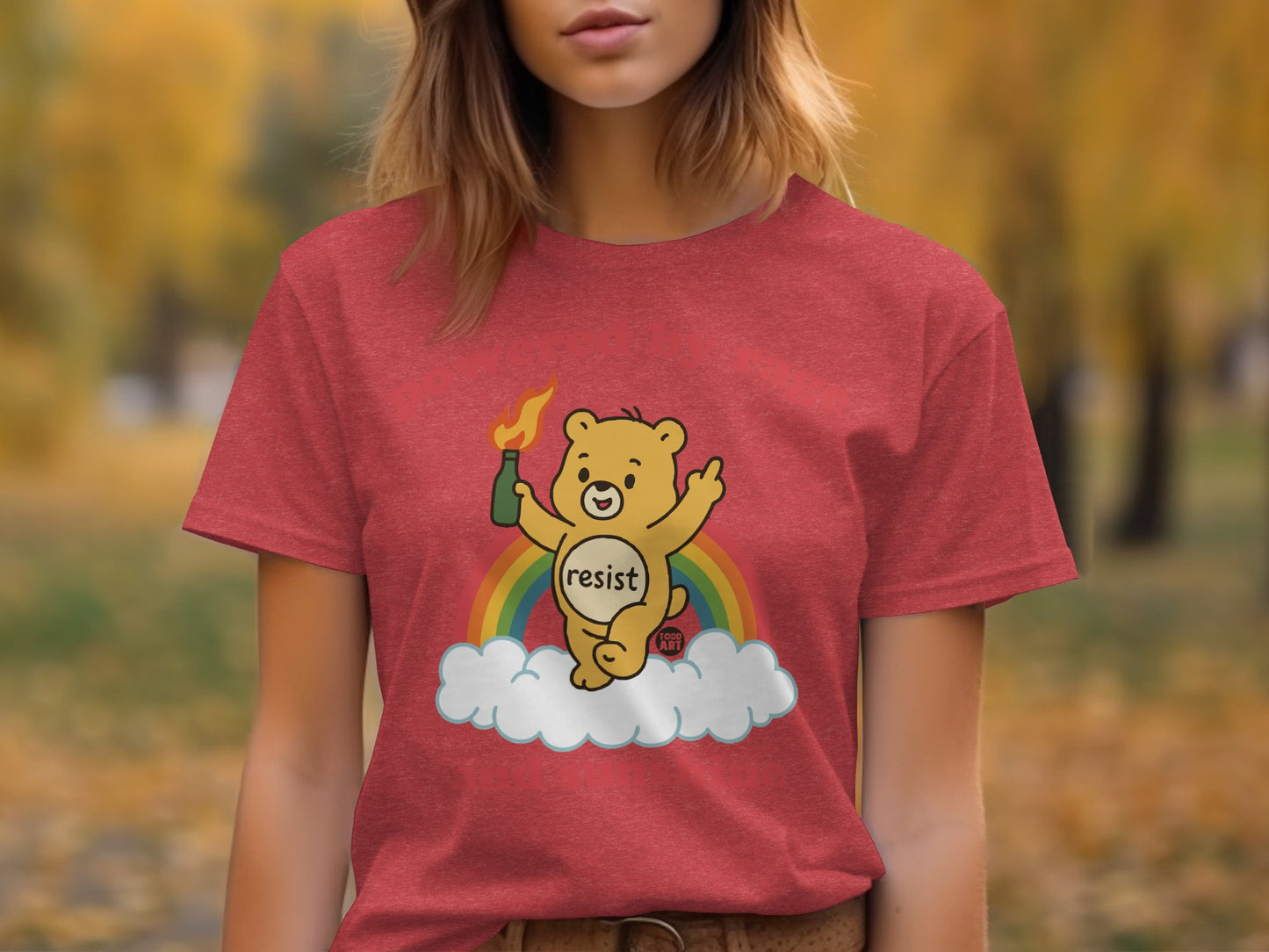 Resist Bear Graphic Rainbow Clouds T-Shirt for Women