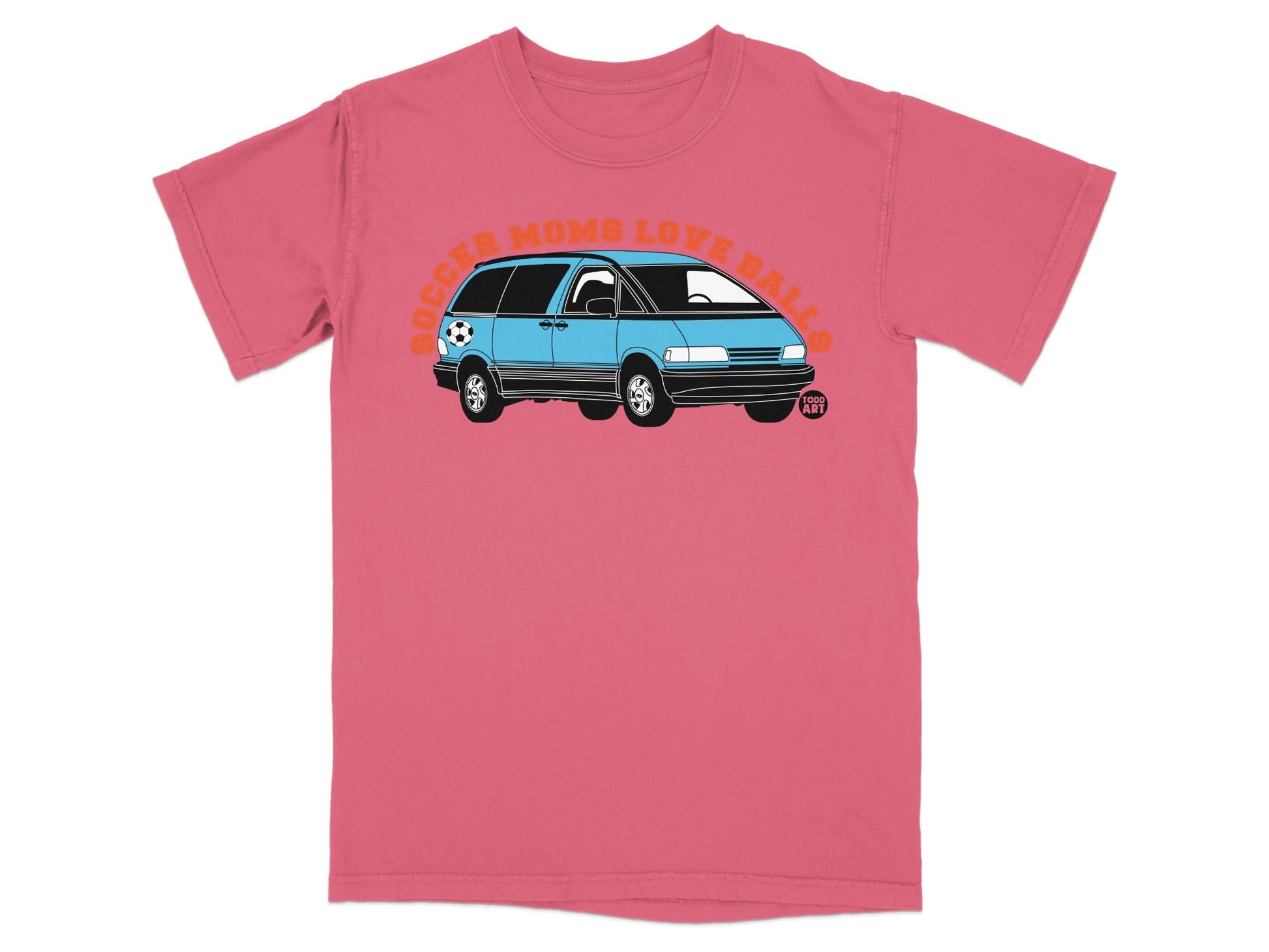 Blue minivan with "Soccer Moms Love Balls" text on a pink t-shirt.