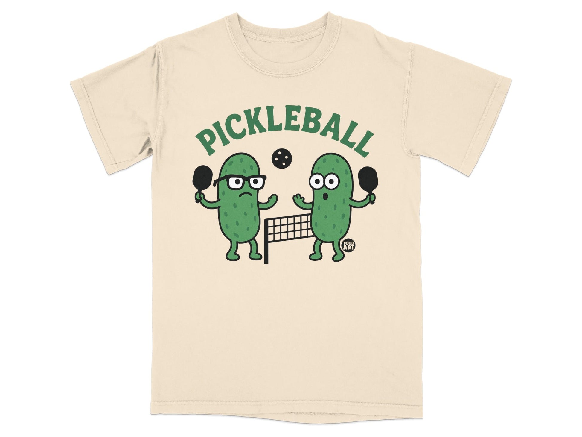 Two cartoon pickles playing pickleball, with "PICKLEBALL" text.
