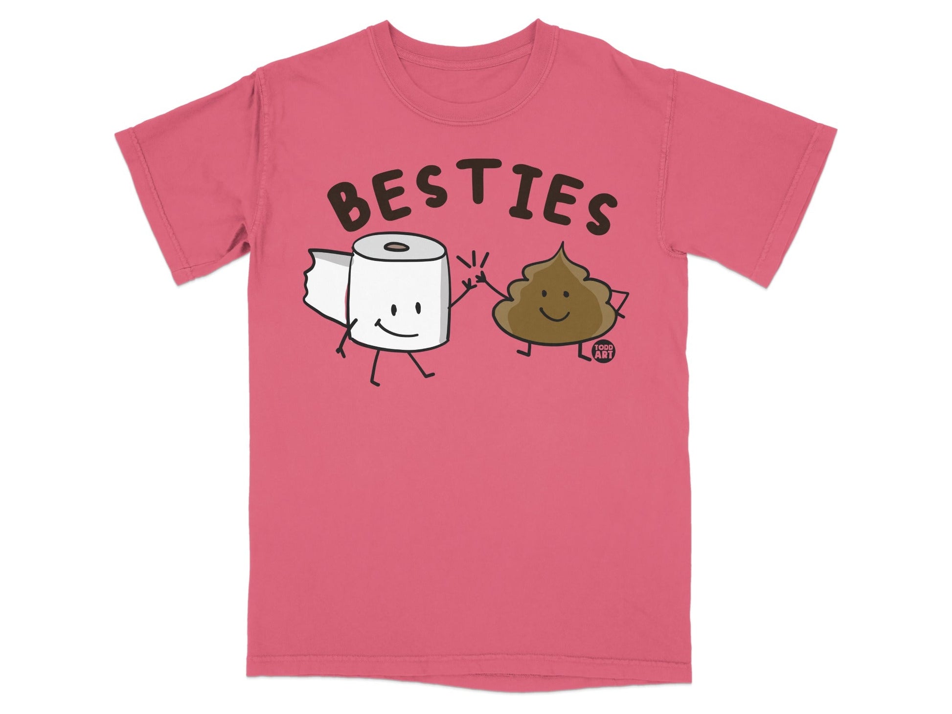 Pink t-shirt with cartoon toilet paper and poop characters giving a high-five.