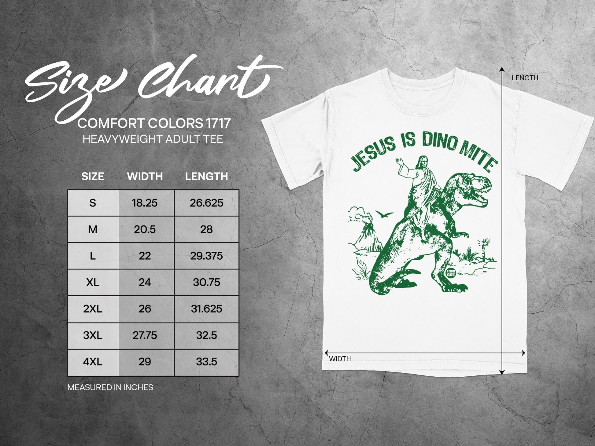 Size chart for Comfort Colors 1717 heavy weight adult tee with graphic.