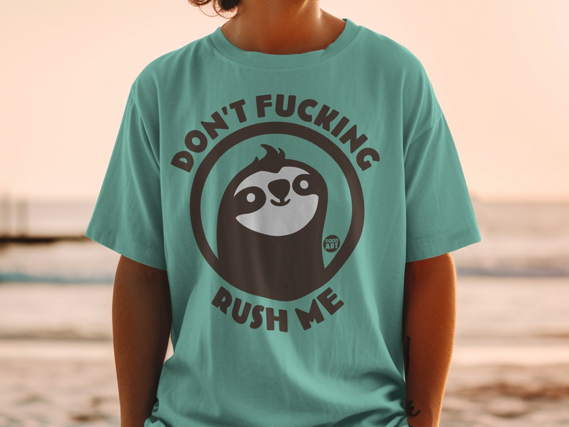 Teal t-shirt with a sloth graphic and text that reads "DON'T FUCKING RUSH ME".