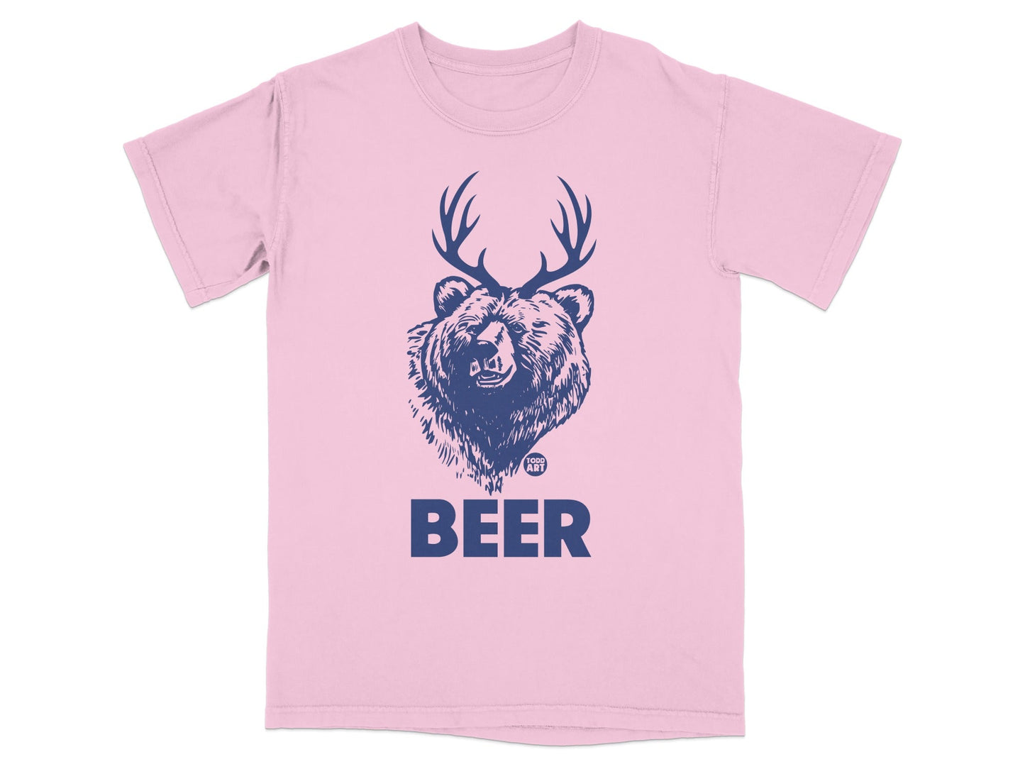 Pink Tee with Beer Bear and Antlers Graphic T-shirt