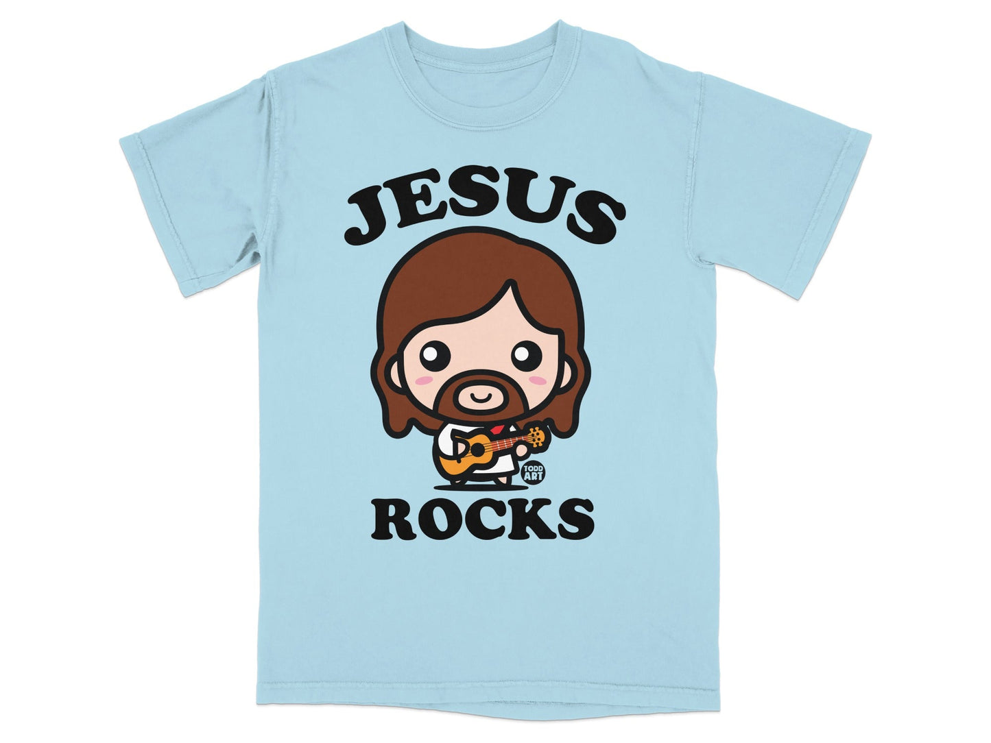 Light blue t-shirt with cartoon Jesus playing guitar, text "JESUS ROCKS".