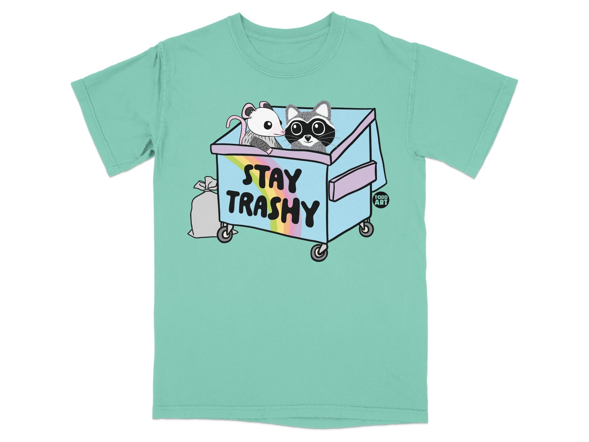 Two cartoon raccoons wearing sunglasses in a colorful dumpster with "Stay Trashy" text.