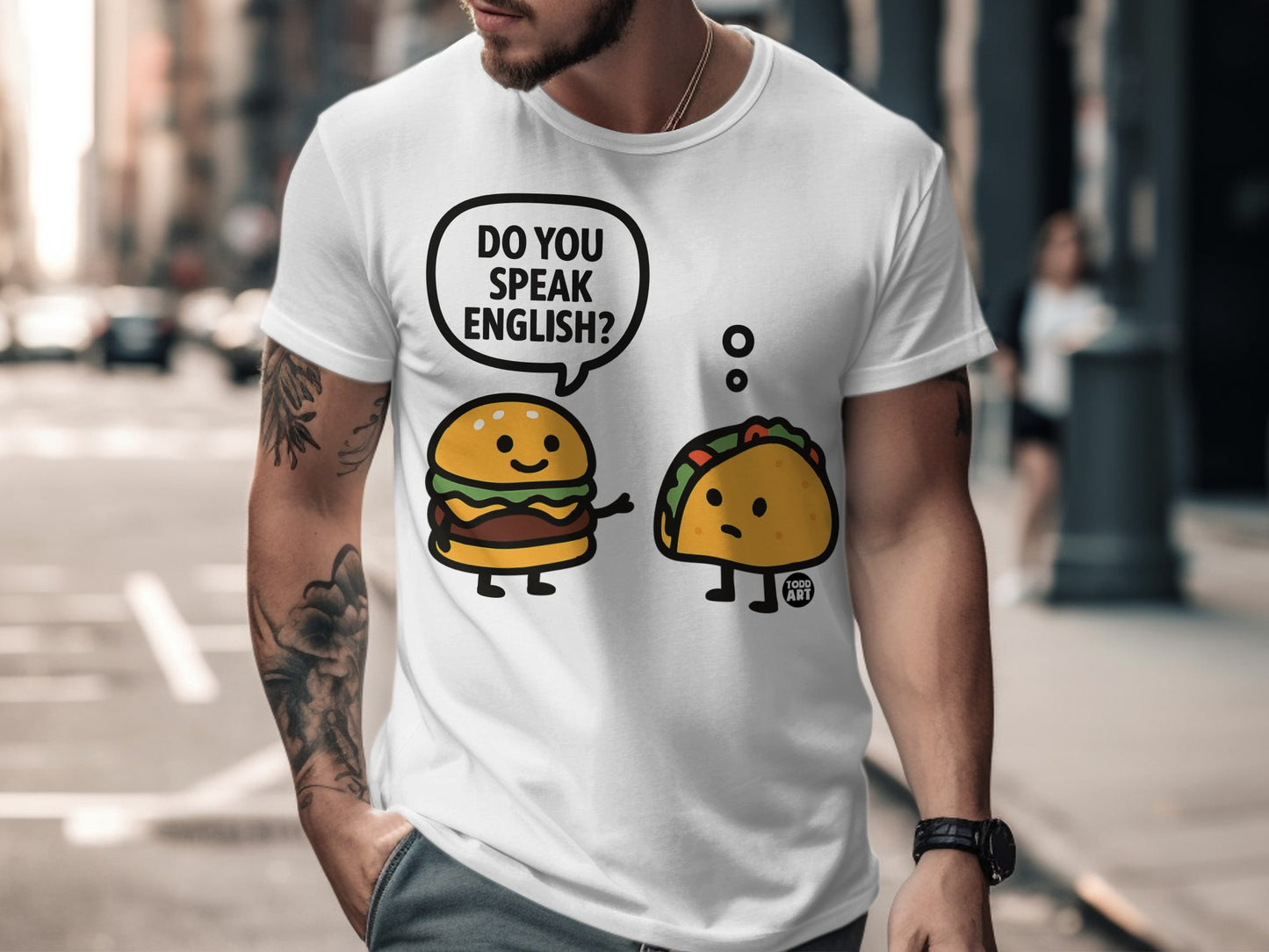 Do You Speak English Burger Talking To Taco T-shirt
