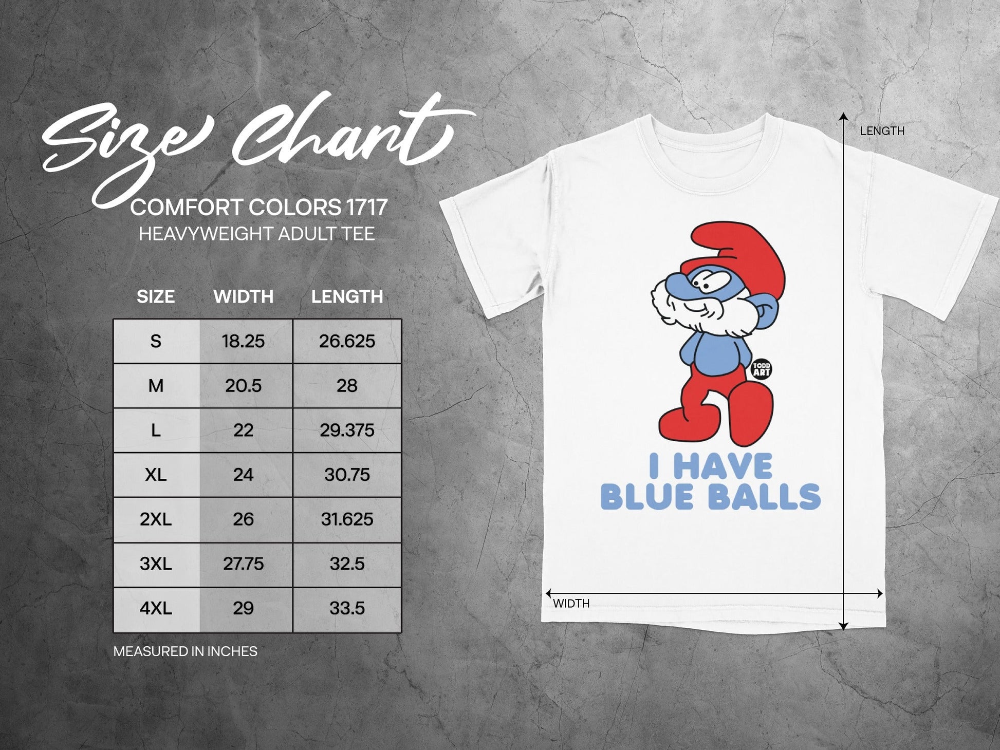 Size chart with t-shirt graphic and "I HAVE BLUE BALLS" text.
