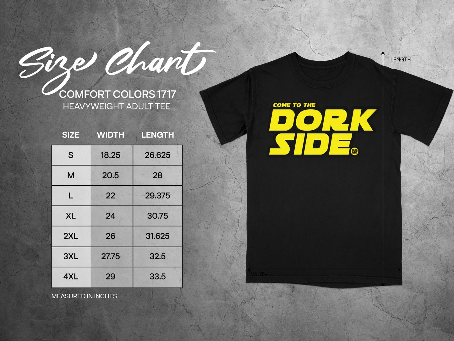 Comfort Colors heavyweight t-shirt size chart with measurements in inches.