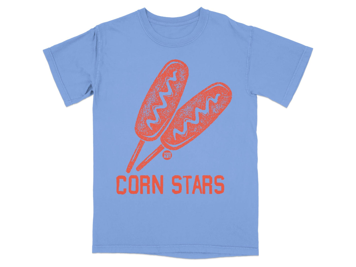 Blue t-shirt with two orange corn dogs and text "CORN STARS".