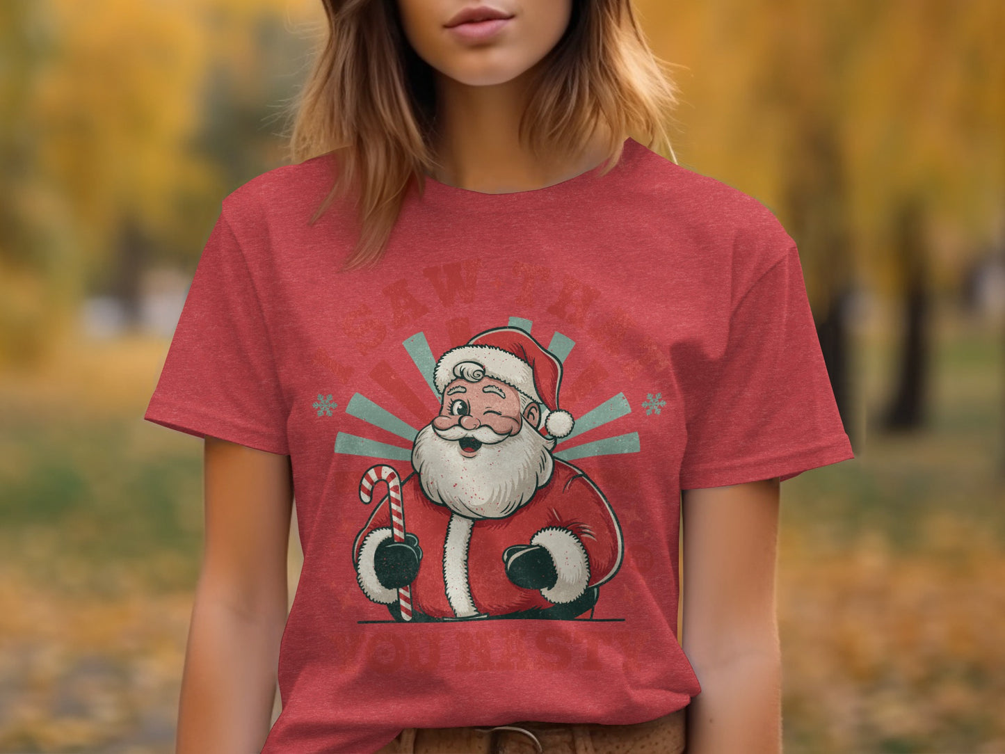Santa Claus Holding Candy Cane in a Red Outfit Shirt