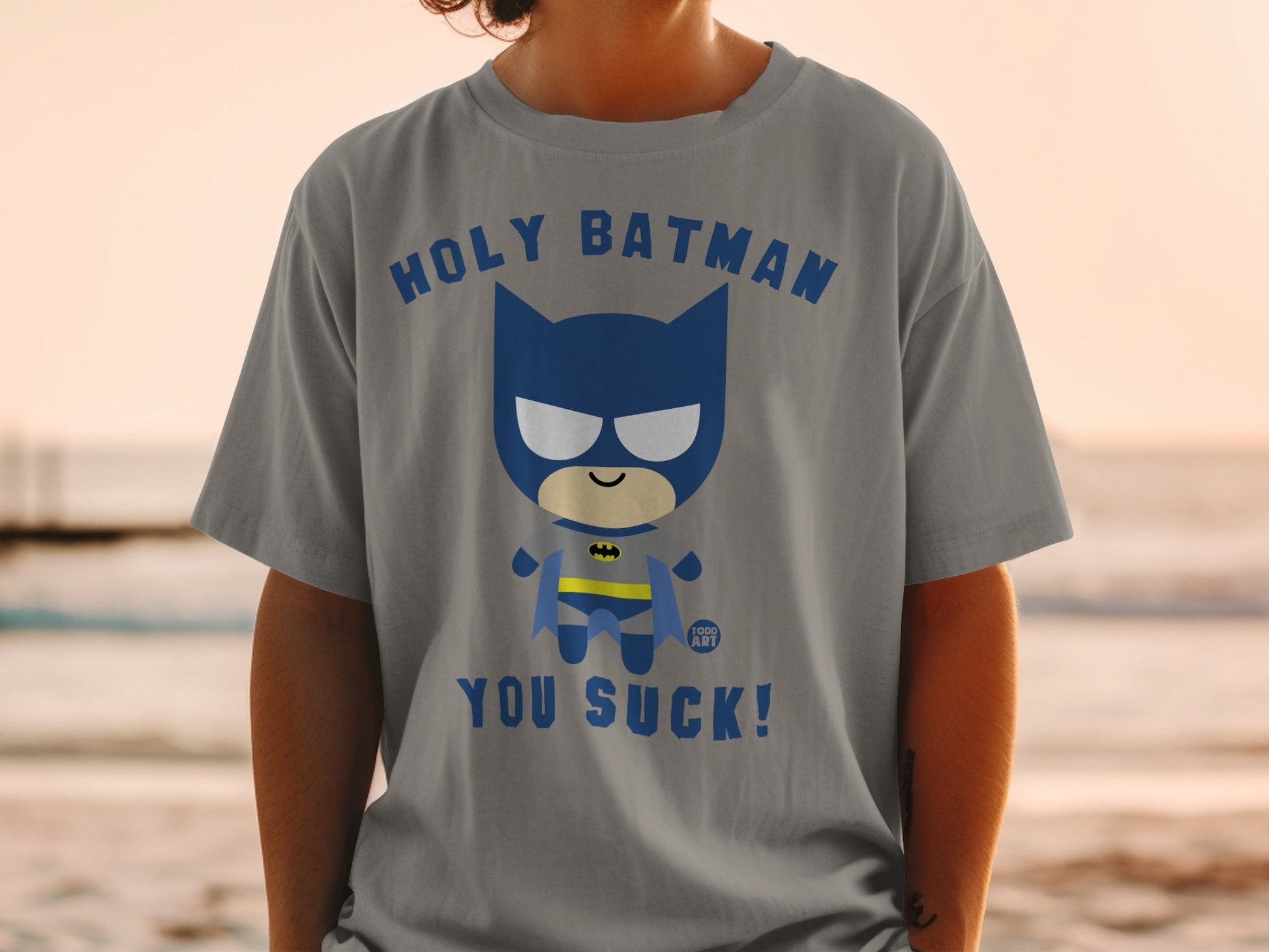 Grey t-shirt with a chibi Batman graphic that says "Holy Batman, You Suck!".