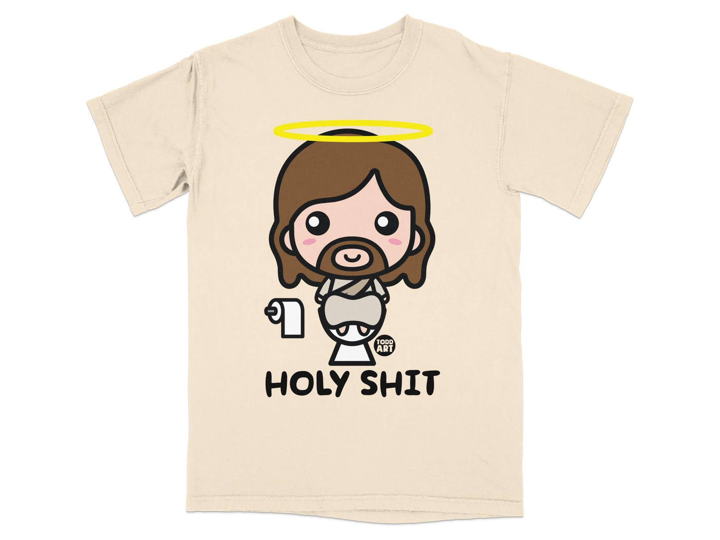 Cartoon Jesus holding toilet paper with "HOLY SHIT" text.