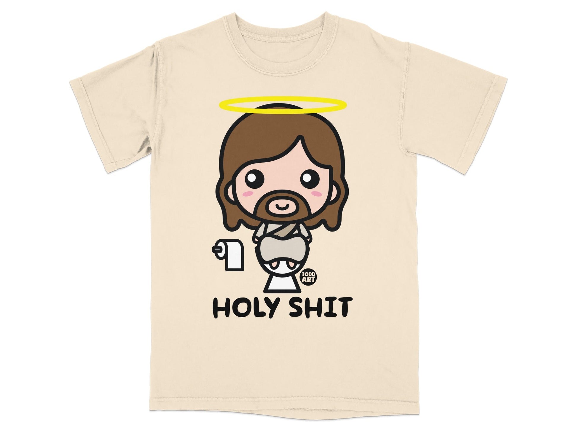 Cartoon Jesus holding toilet paper with "HOLY SHIT" text.