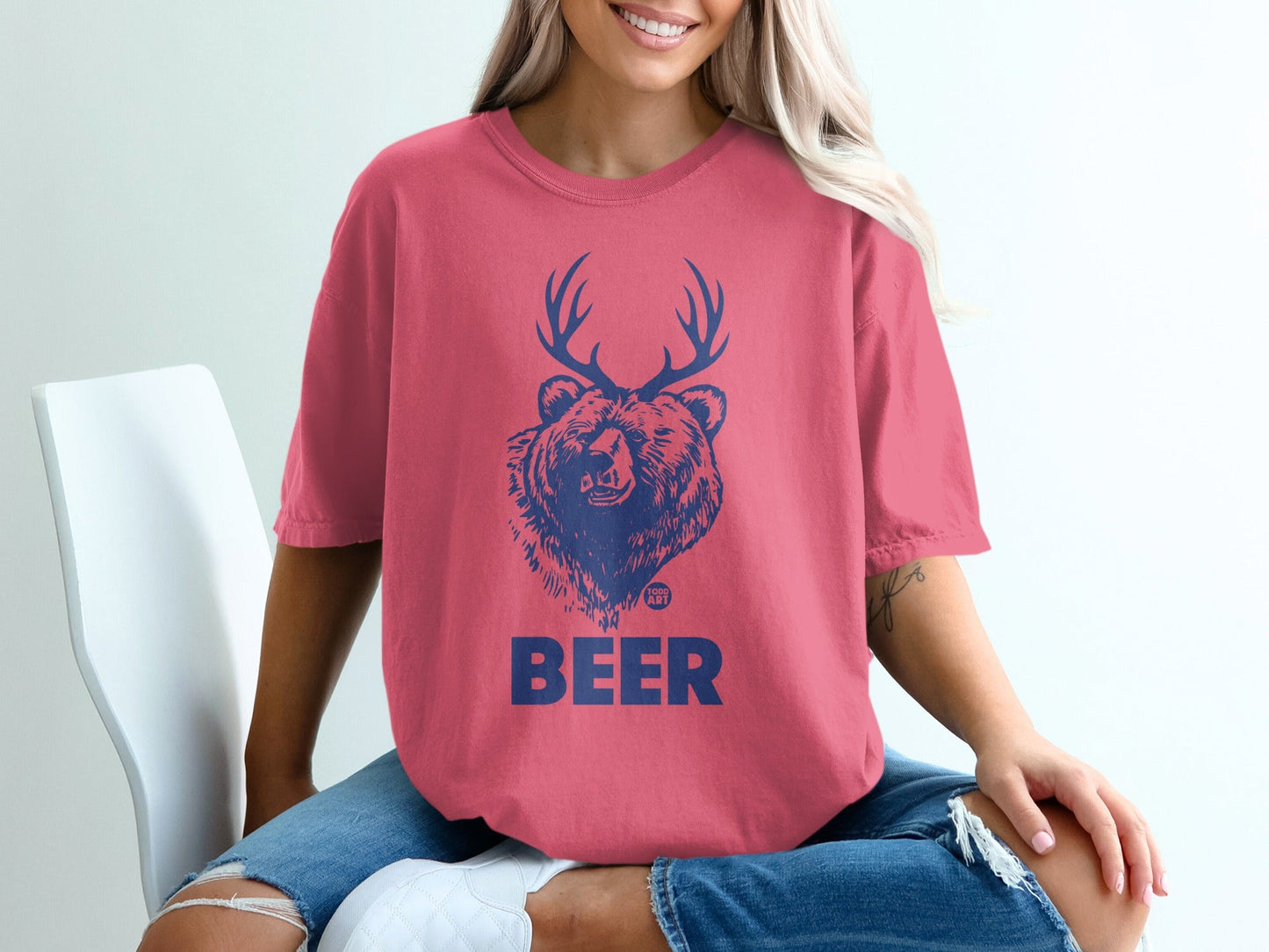Bear with Antlers Graphic BEER Print T-Shirt