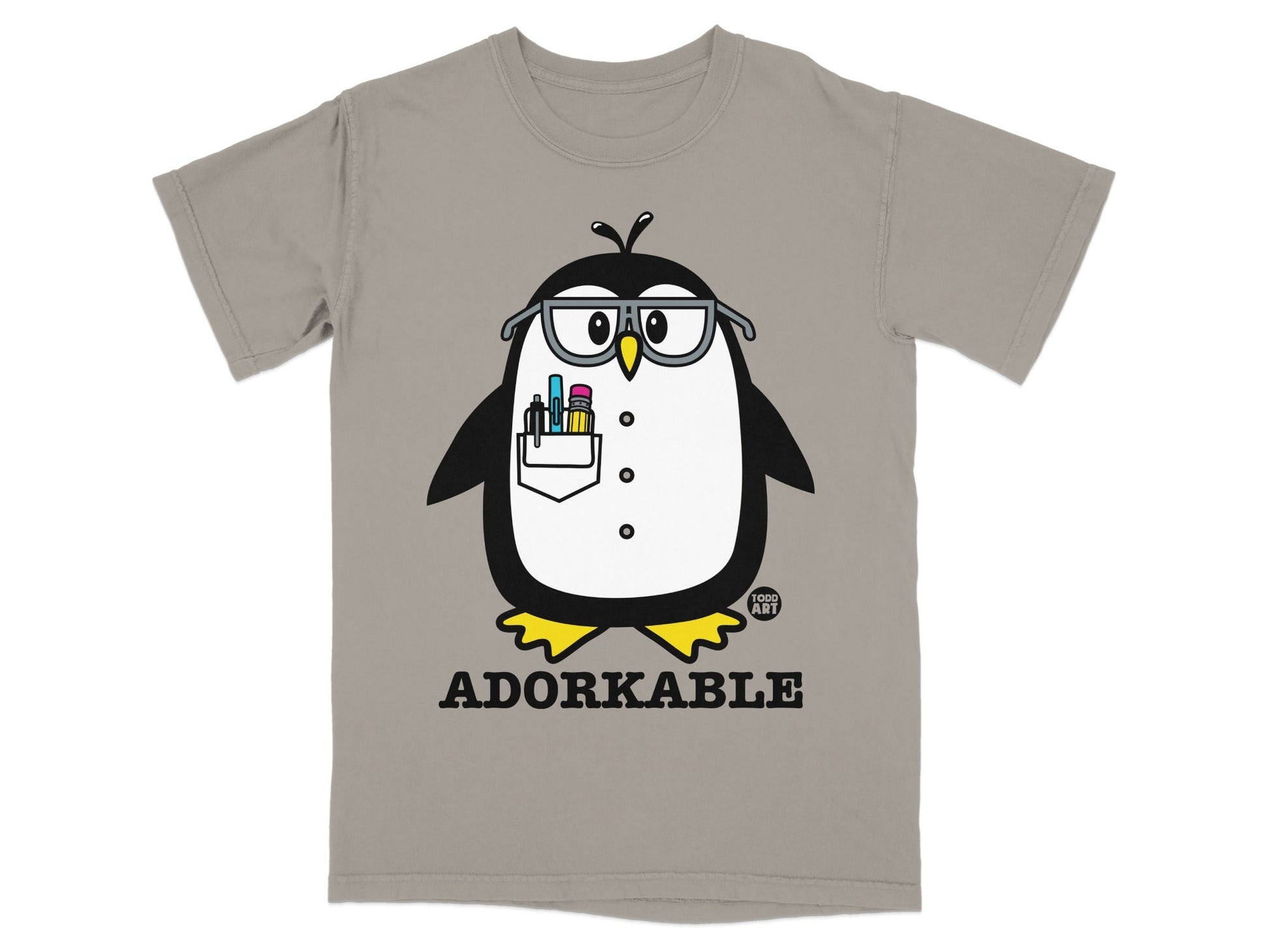 Cartoon penguin with glasses wearing a t-shirt that says "ADORKABLE".
