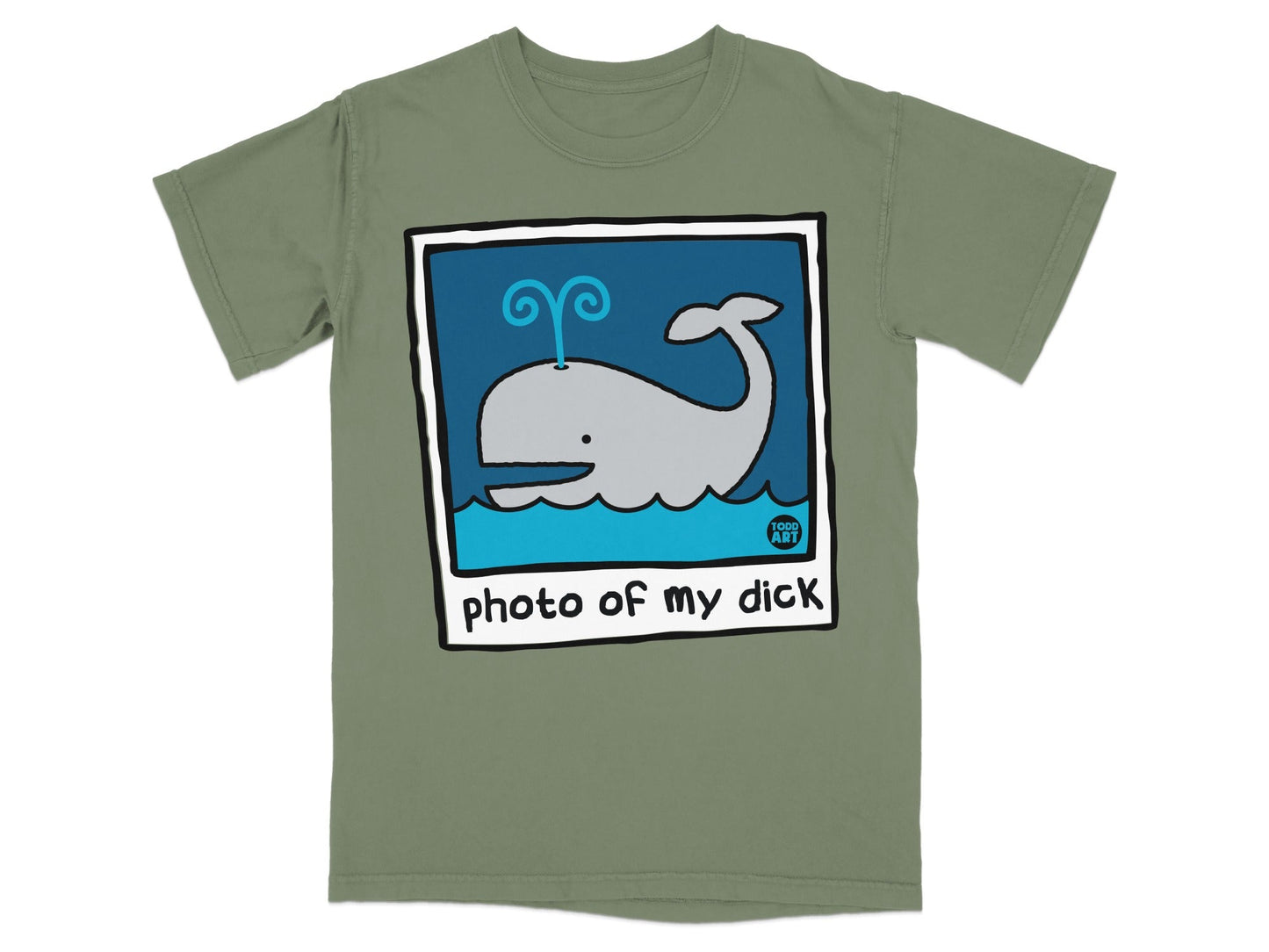 T-shirt with cartoon whale blowing water and text "photo of my dick".