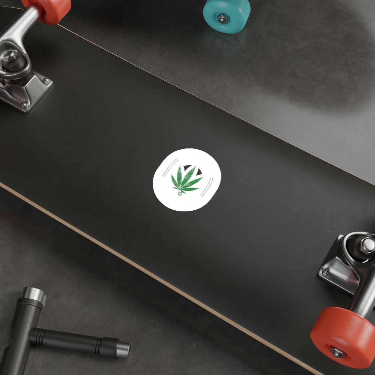 Leaf Logo Skateboard Design with Colorful Wheels