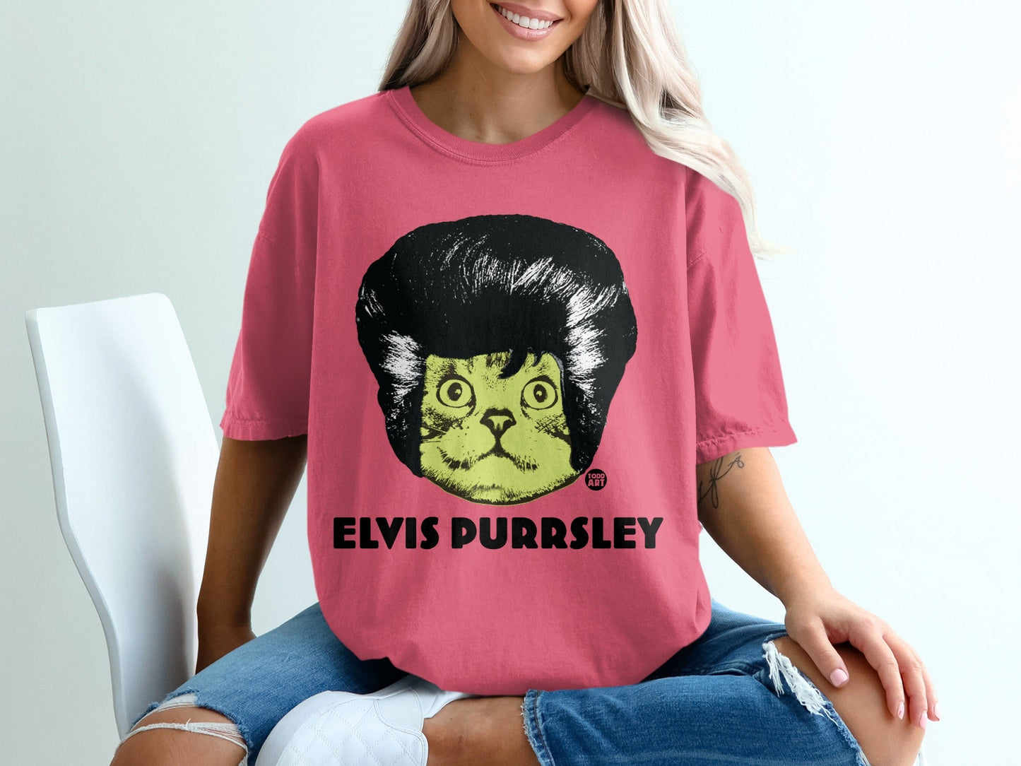 Elvis Purrsley Cat Graphic Shirt in Vibrant Pink