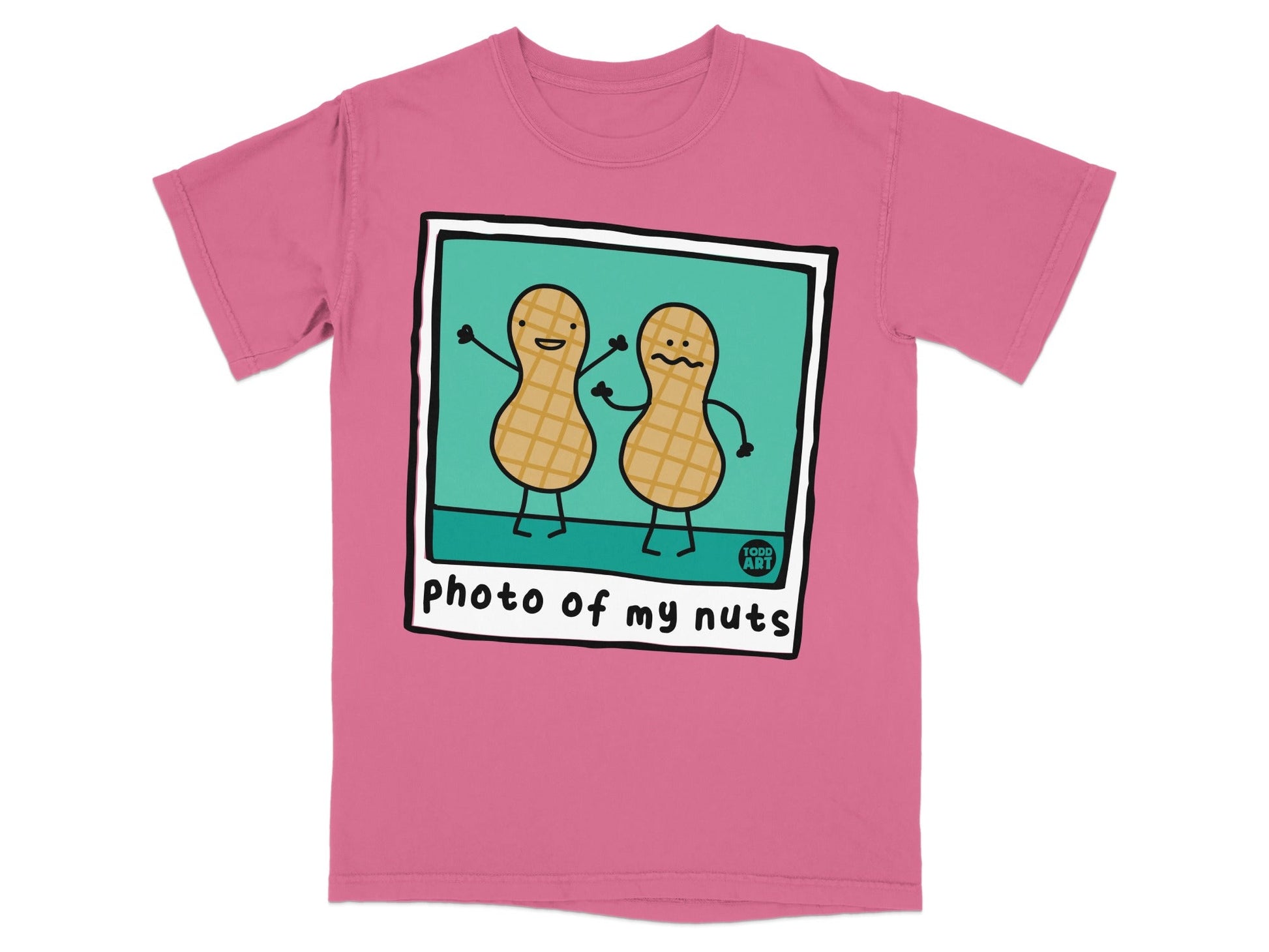 Two cartoon peanuts in a polaroid frame saying "photo of my nuts".