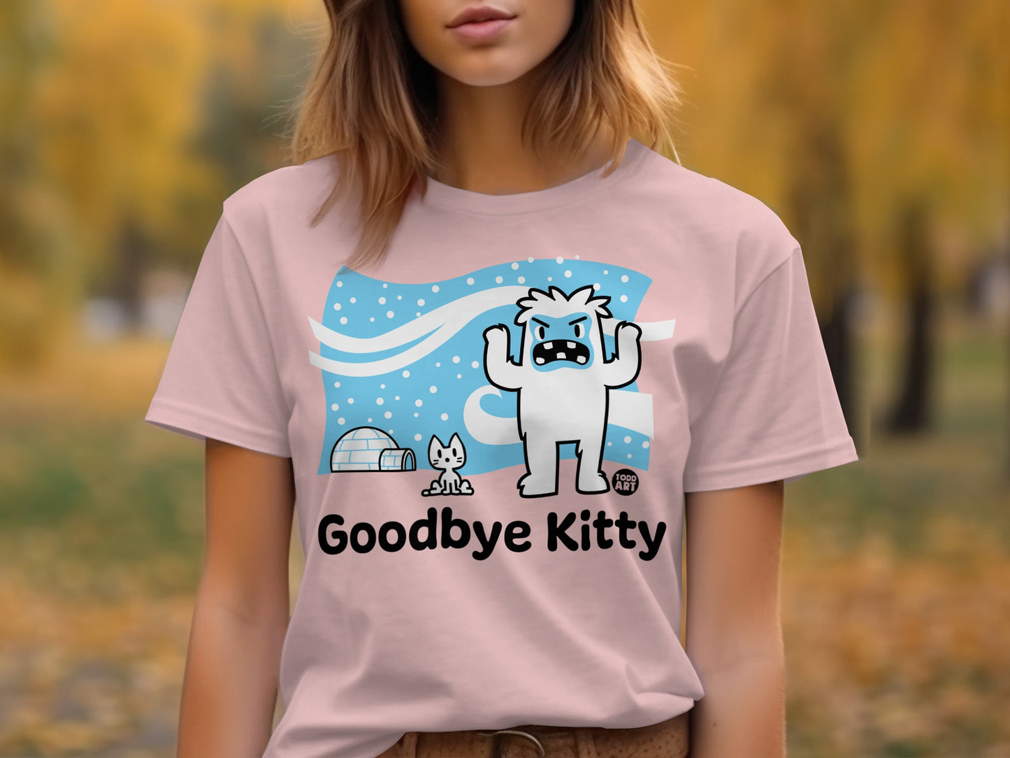 Cute Goodbye Kitty Yeti Scene Graphic T-shirt