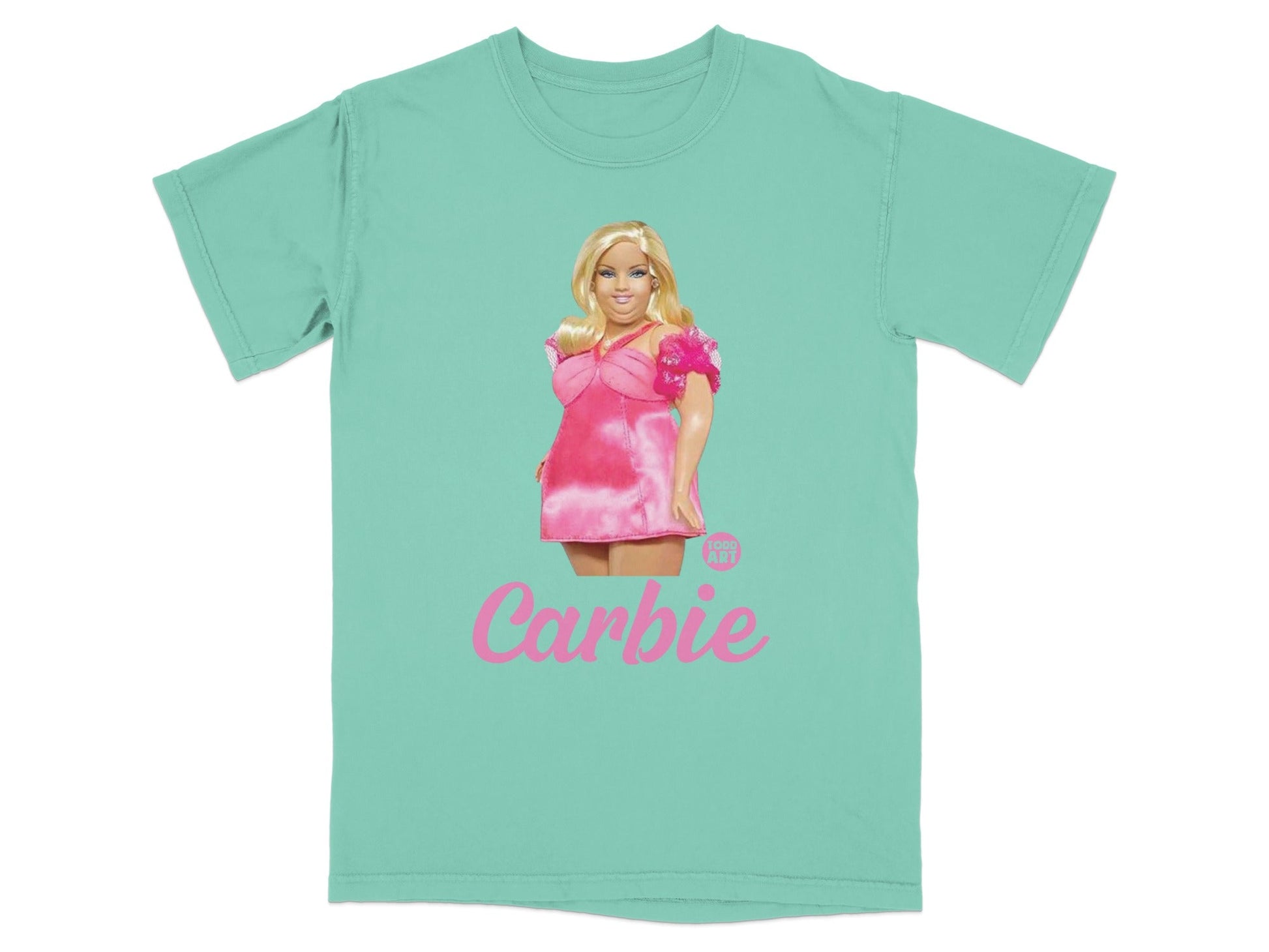 T-shirt with Barbie doll graphic and "Carbie" text.