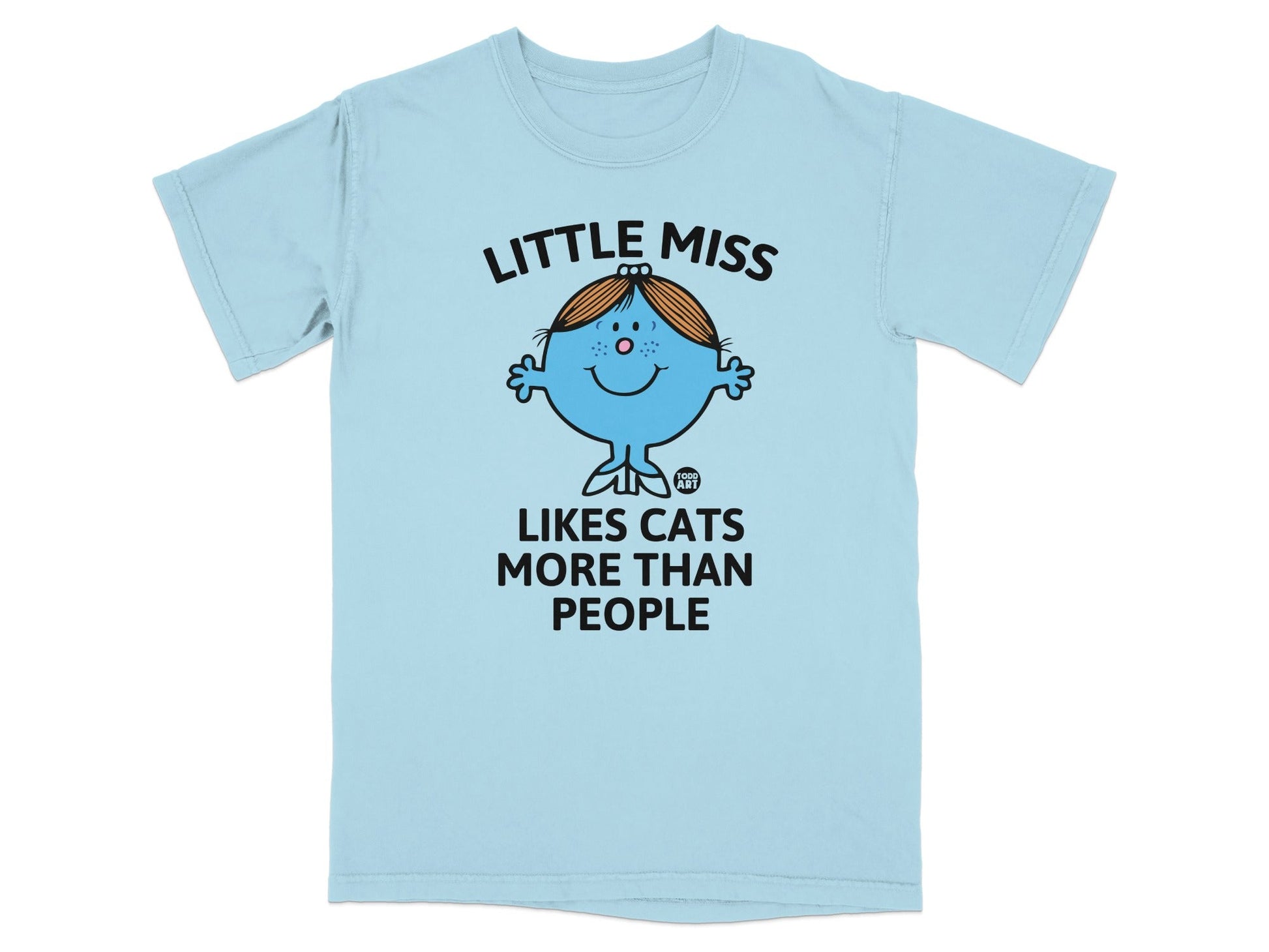 Light blue t-shirt with "Little Miss Likes Cats More Than People" text and illustration.