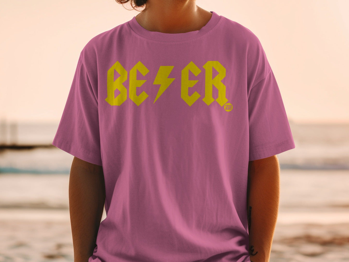 Pink T-Shirt with Cool Yellow Bold Bezer Graphic Design