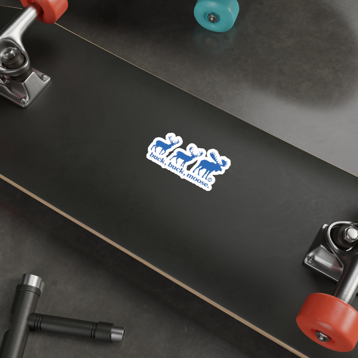 Buck Buck Moose Sticker on Skateboard Deck