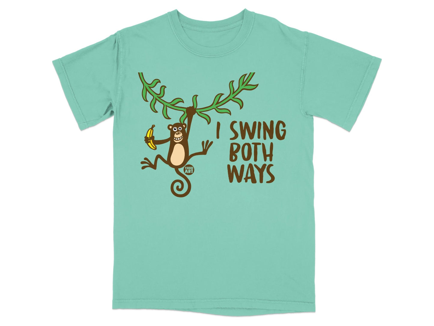 T-shirt graphic with monkey on vine holding banana, text "I SWING BOTH WAYS".
