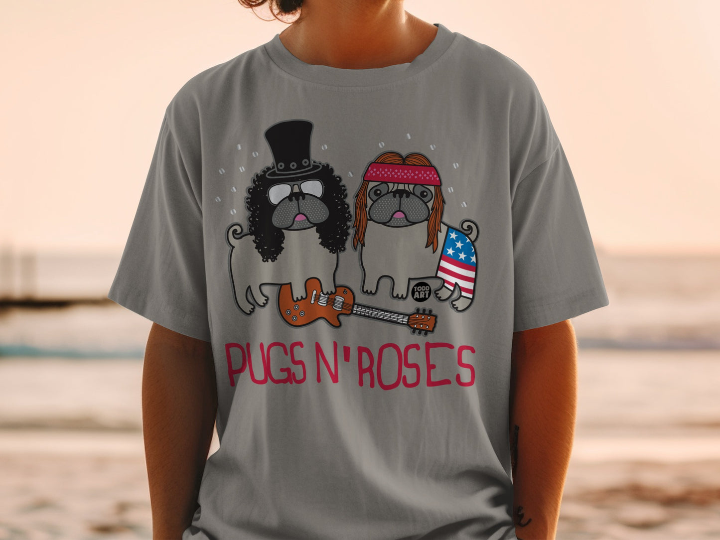 Pugs N' Roses Funny Dog Band Graphic Tee