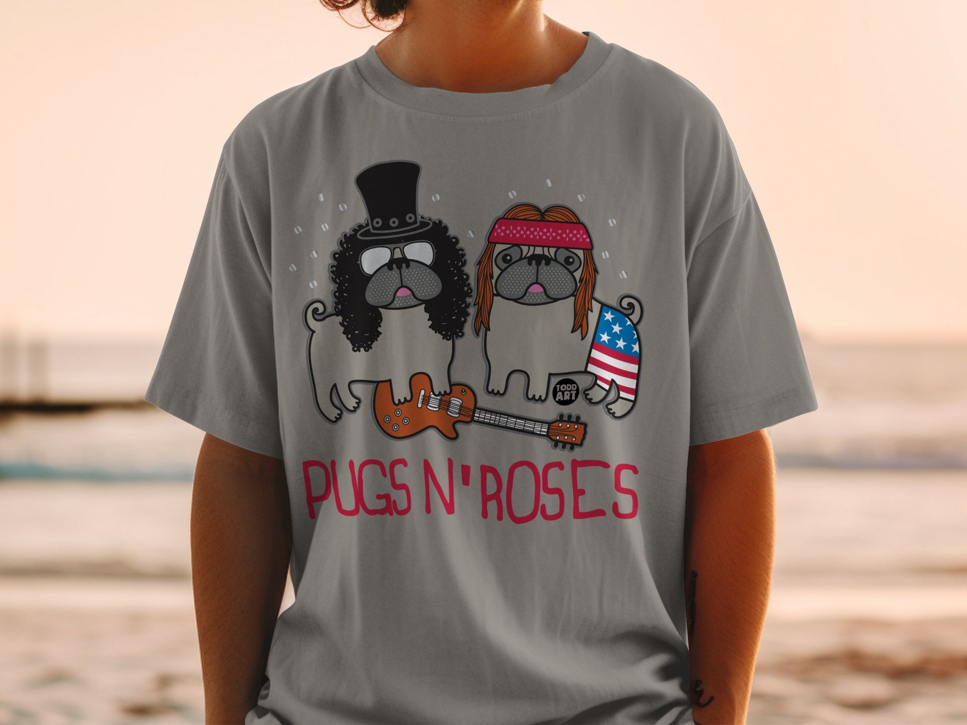 Pugs N' Roses Funny Dog Band Graphic Tee