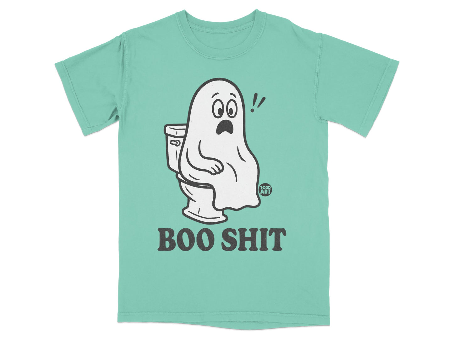 Ghost on toilet, text "BOO SHIT", Todd Art logo.