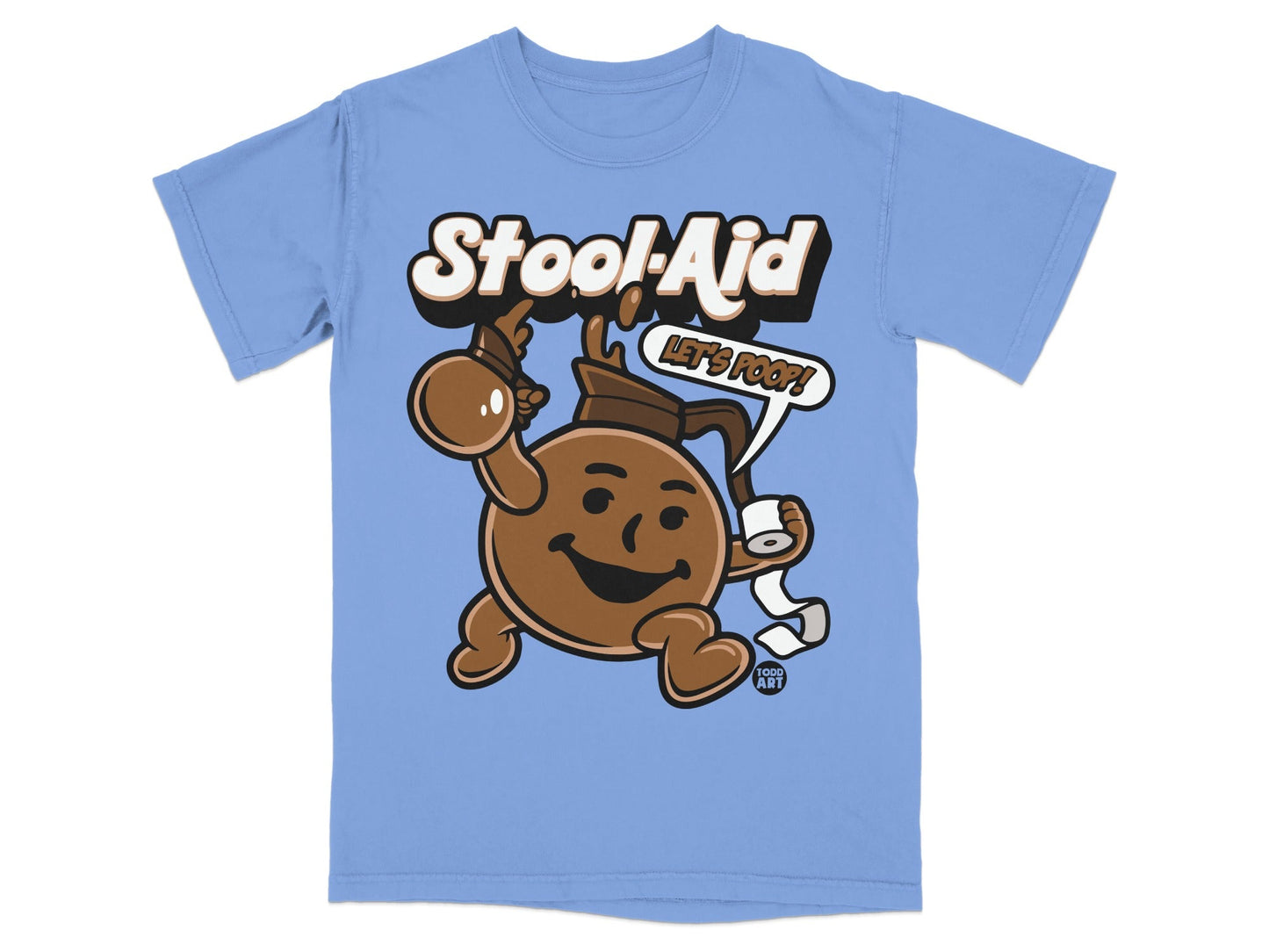 Light blue t-shirt with cartoon character holding toilet paper and saying "Let's Poop!"
