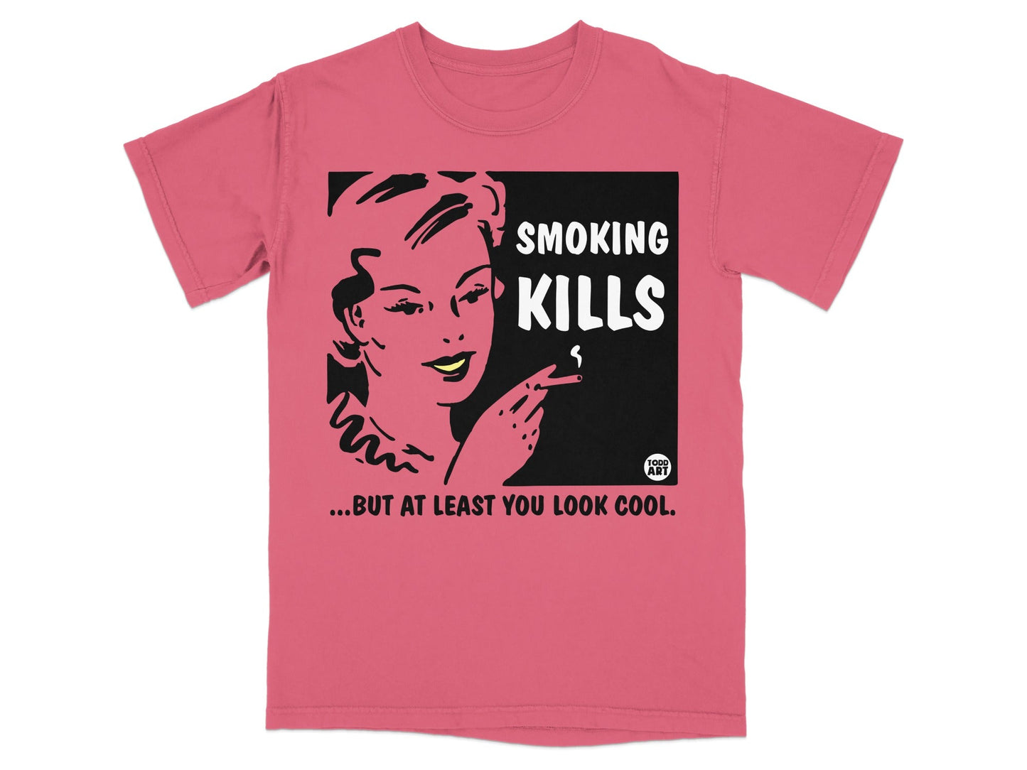 T-shirt with vintage illustration and text "SMOKING KILLS... BUT AT LEAST YOU LOOK COOL."
