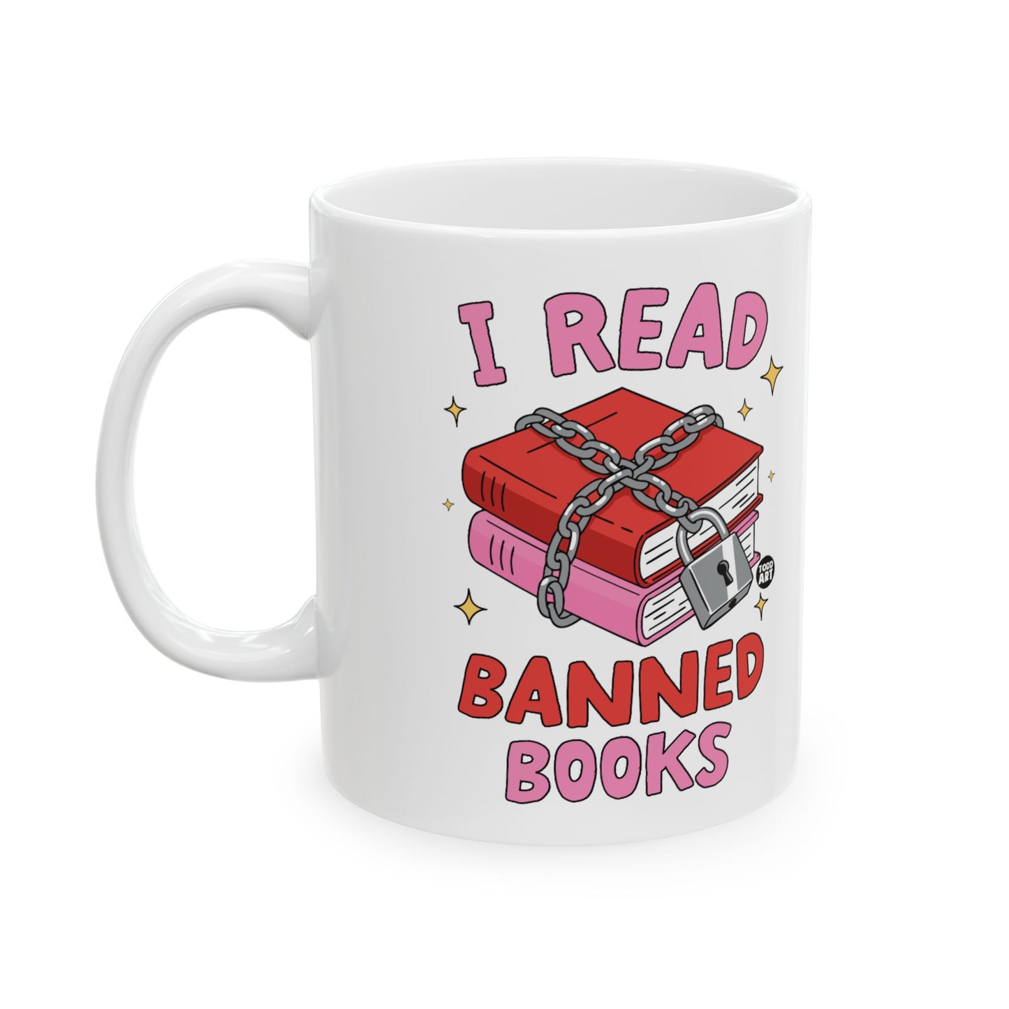 White mug with "I READ BANNED BOOKS" text and chained, locked books graphic.