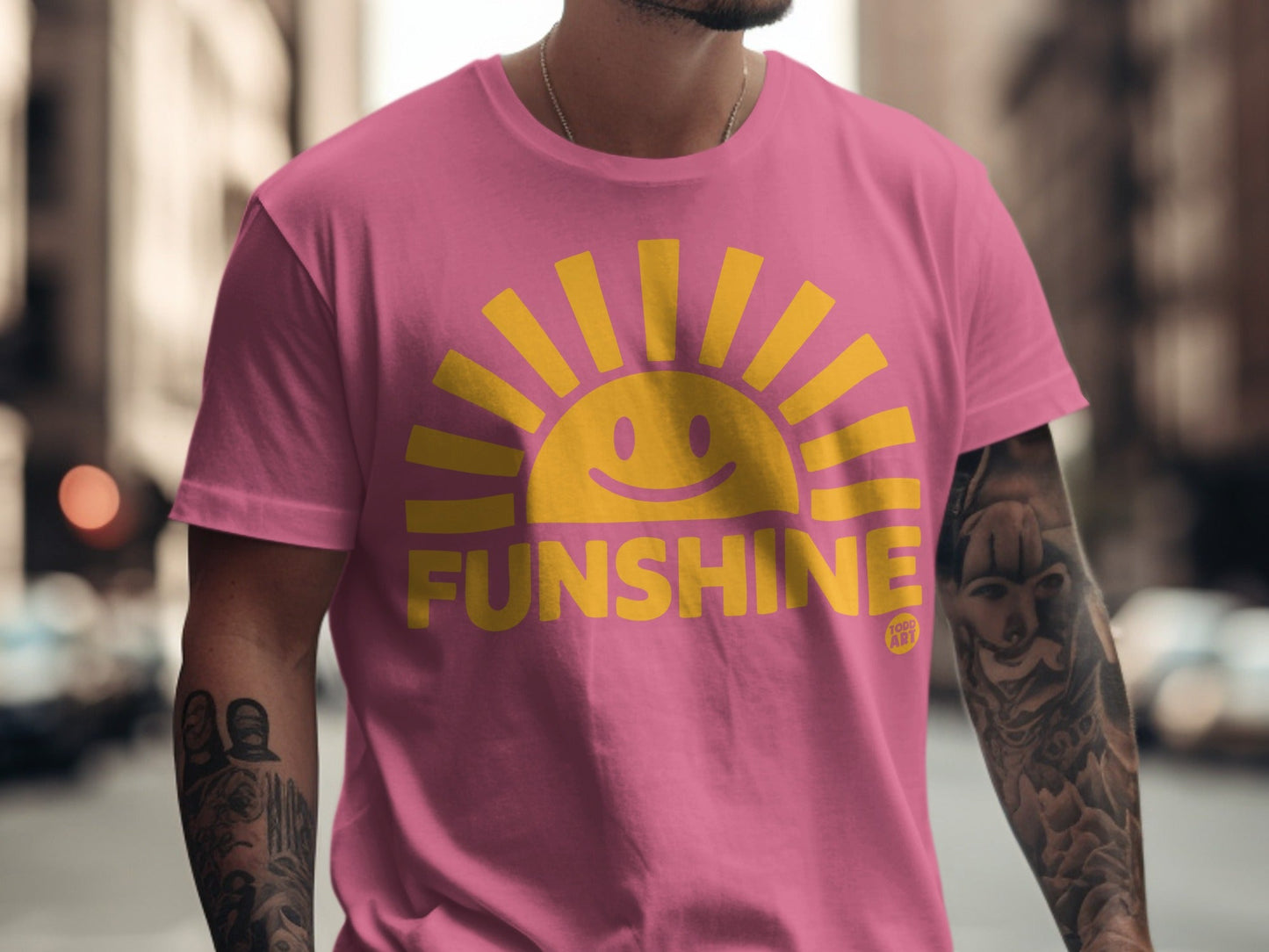Pink t-shirt with a yellow sun graphic and "FUNSHINE" text.
