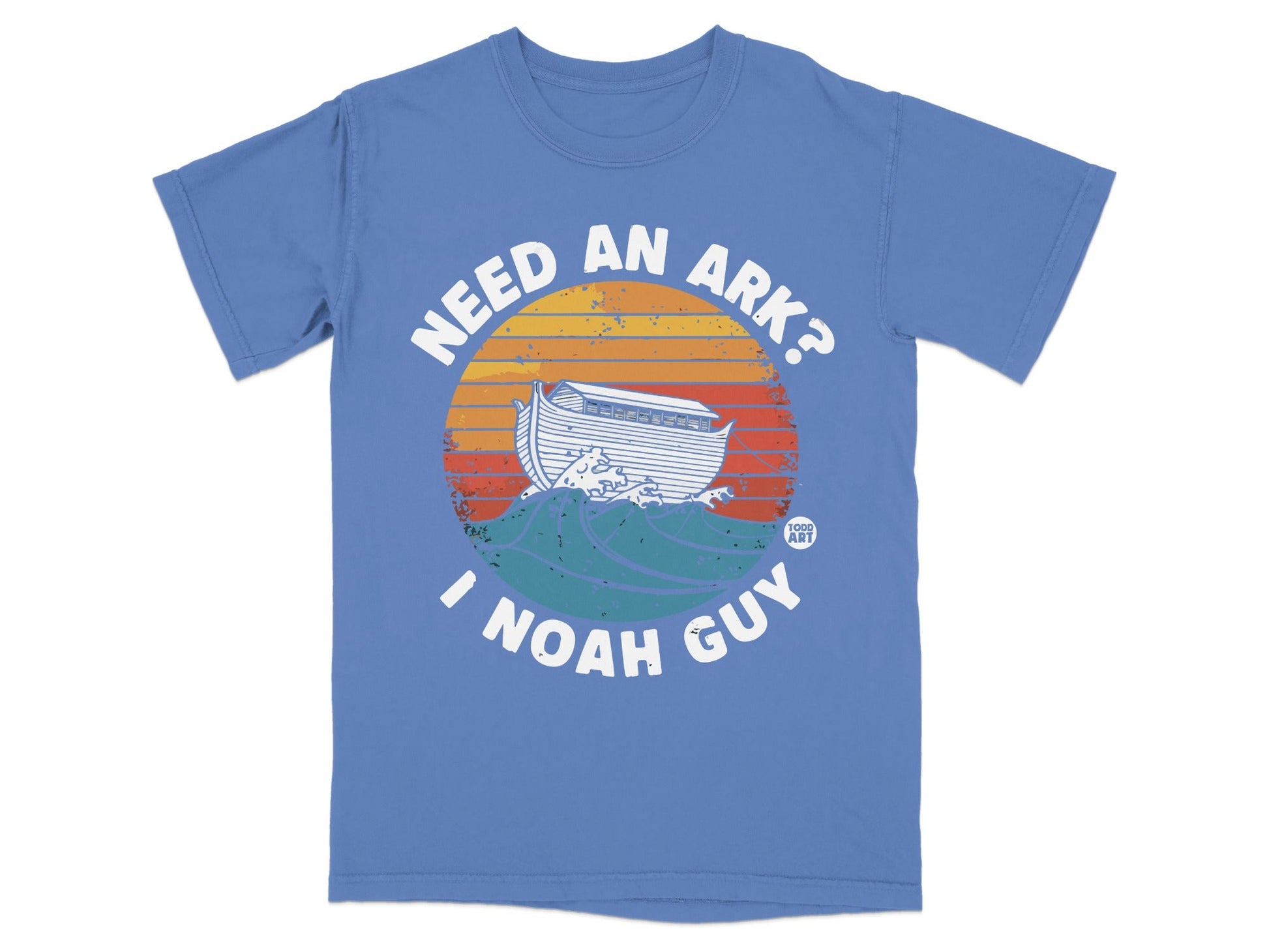Blue t-shirt with "Need An Ark? I Noah Guy" text and Noah's Ark design.