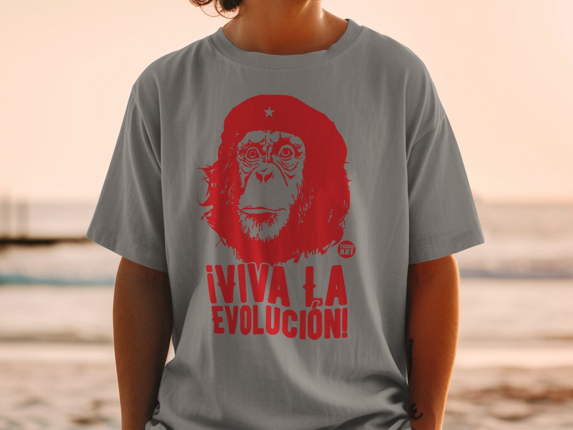 Gray t-shirt with red graphic of a chimpanzee wearing a beret, with text ¬°VIVA LA EVOLUCI√ìN!