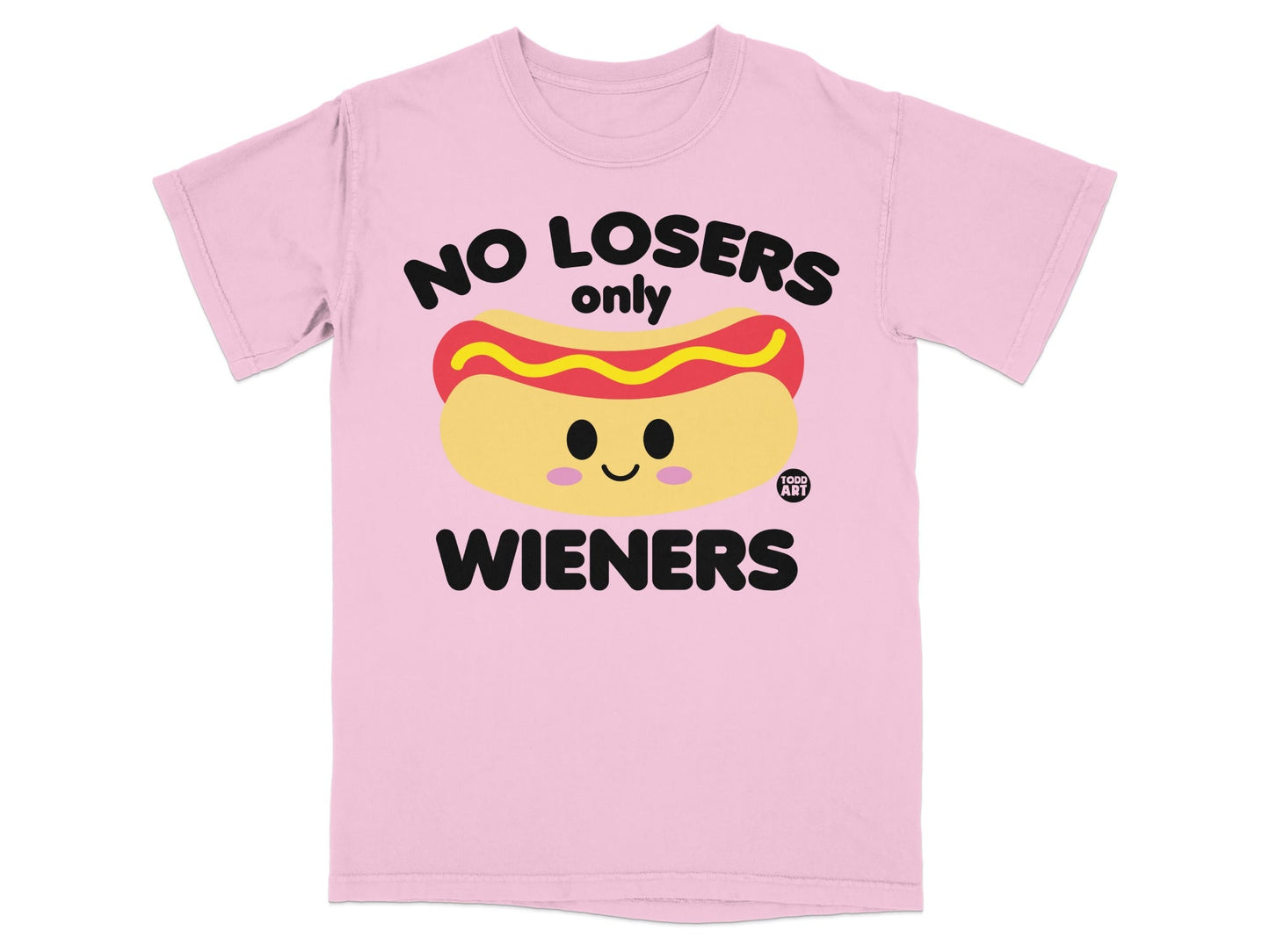 Pink t-shirt with "No Losers Only Wieners" and cartoon hot dog graphic.