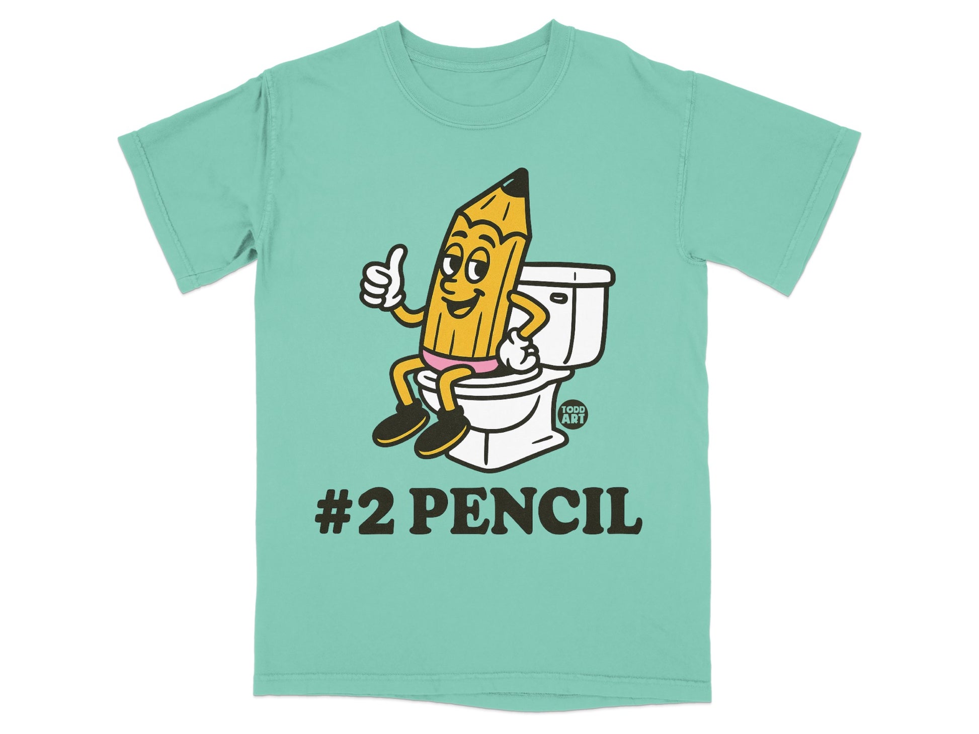 Green t-shirt with cartoon pencil giving a thumbs up on a toilet, "#2 PENCIL" text.