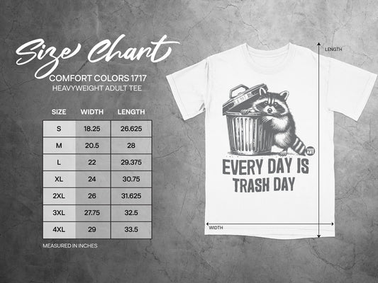 Comfort Colors 1717 t-shirt size chart with raccoon and trash can graphic.