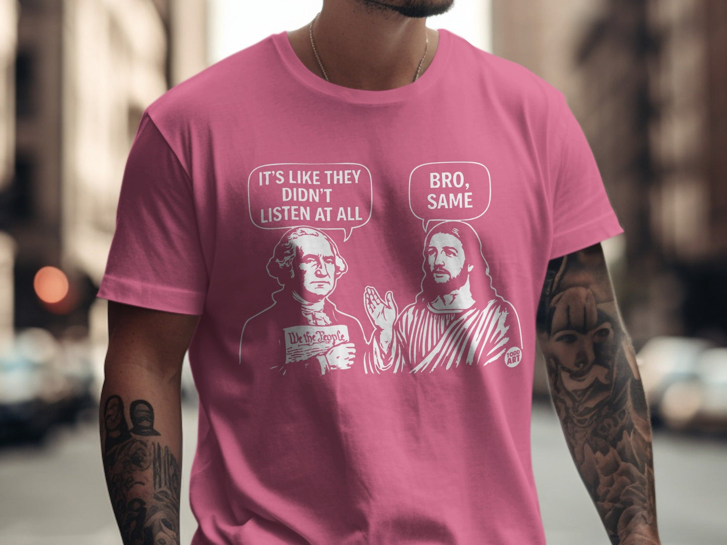 T-shirt with George Washington and Jesus discussing "We the People."
