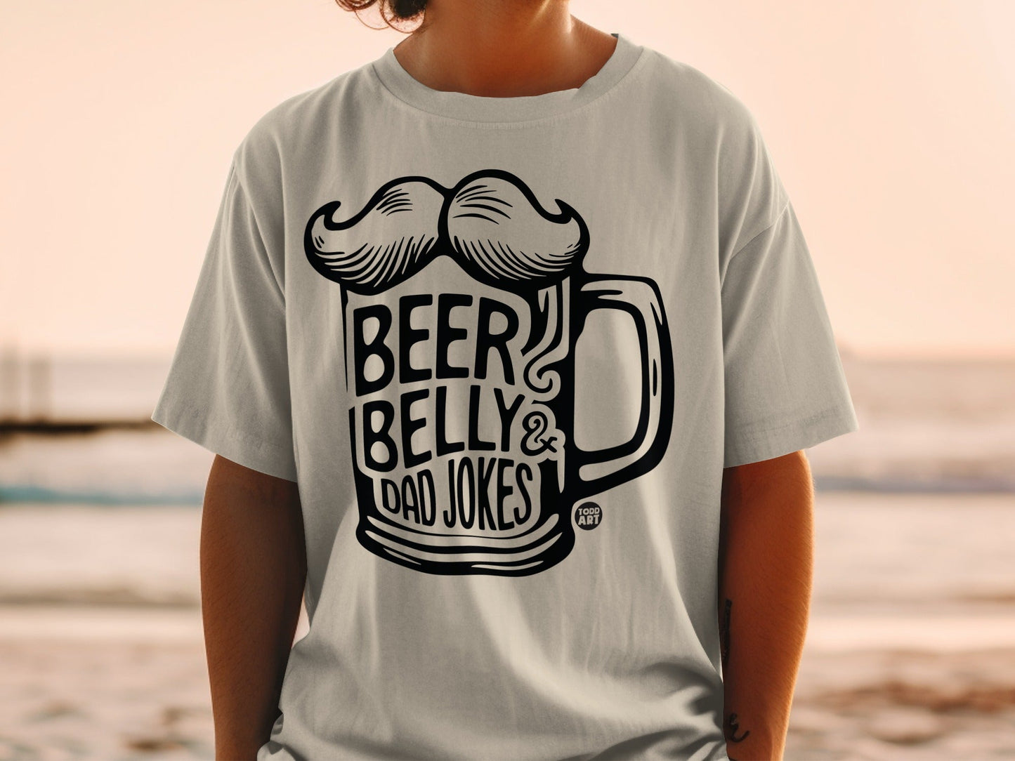 T-shirt with "Beer Belly & Dad Jokes" text and mustache graphic.