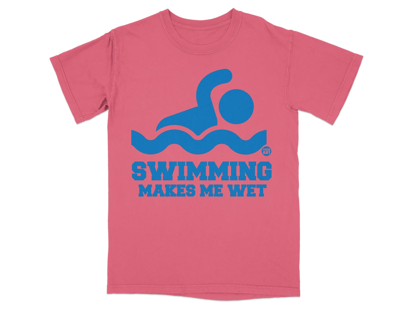 Coral t-shirt with blue swimmer graphic and "SWIMMING MAKES ME WET" text.