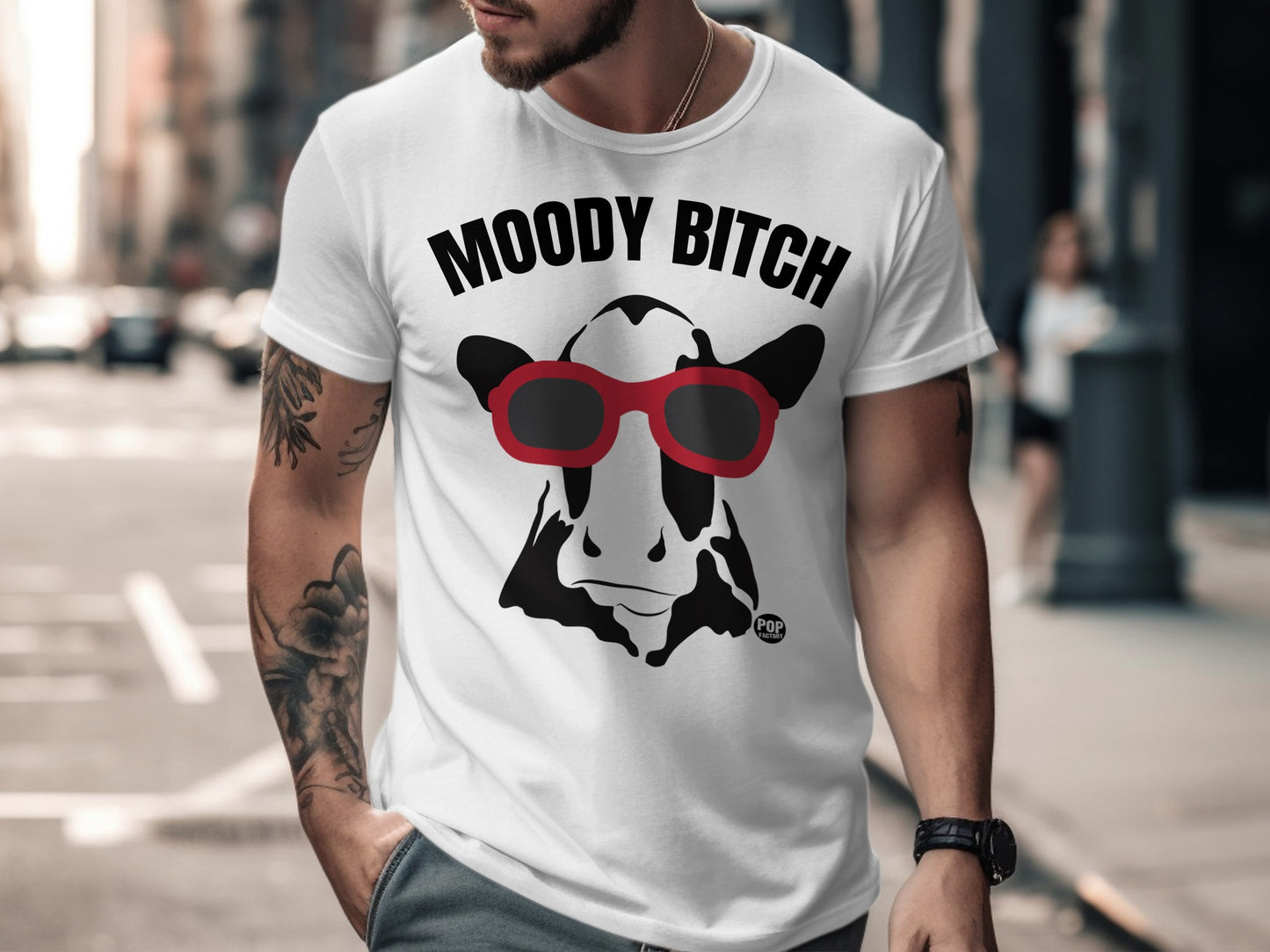 Moody Bitch Graphic with Cow Wearing Sunglasses T-Shirt