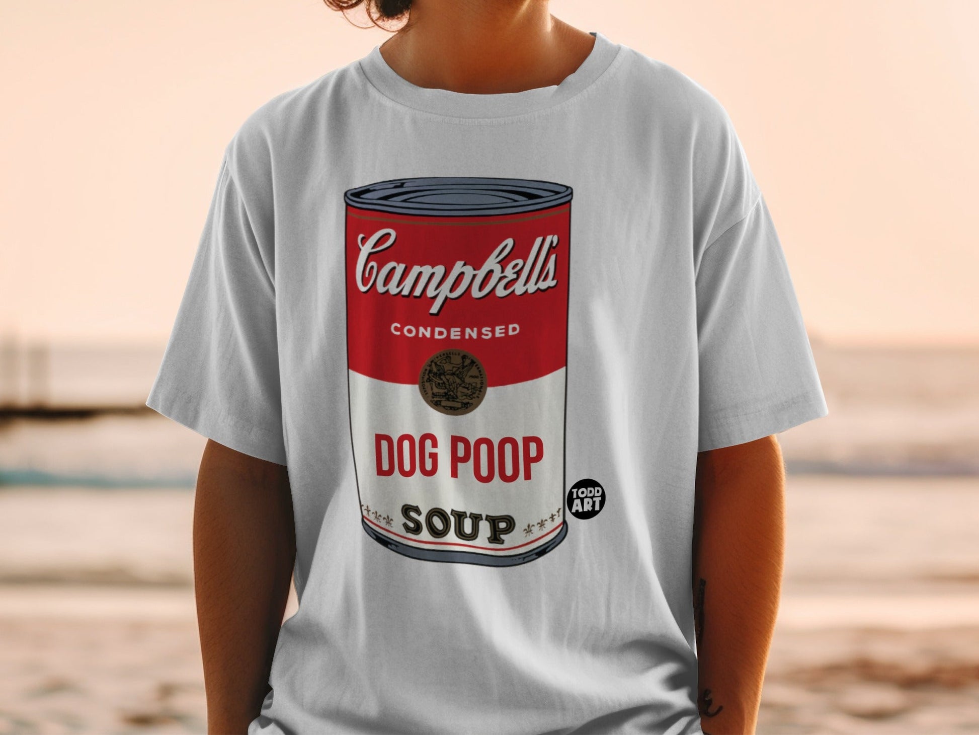 White t-shirt with Campbell's Condensed Soup label design for Dog Poop.