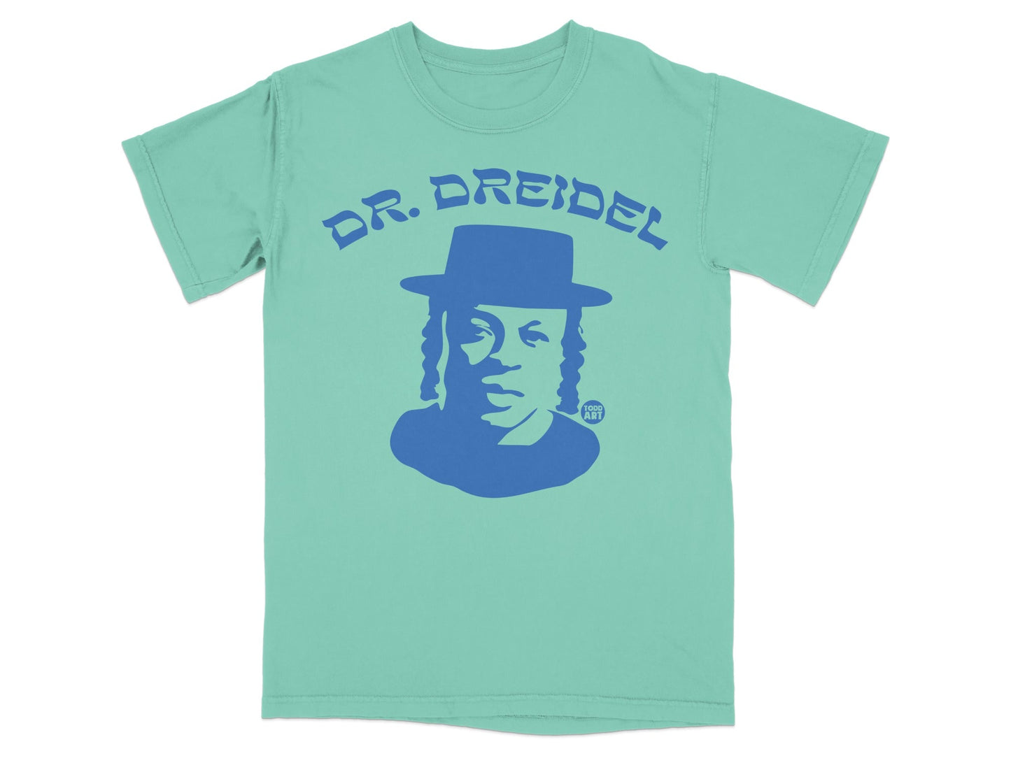 T-shirt with blue graphic of Dr. Dreidel and "GOOD ART" logo.