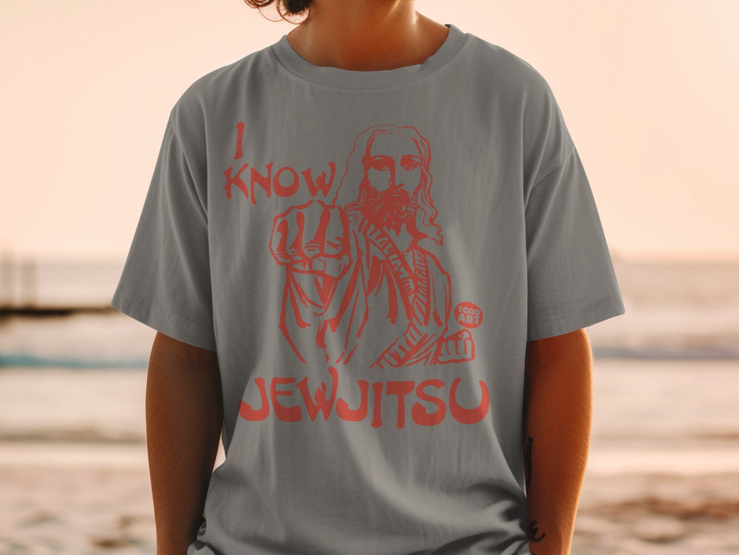 Grey t-shirt with "I Know JewJitsu" text and Jesus pointing forward.